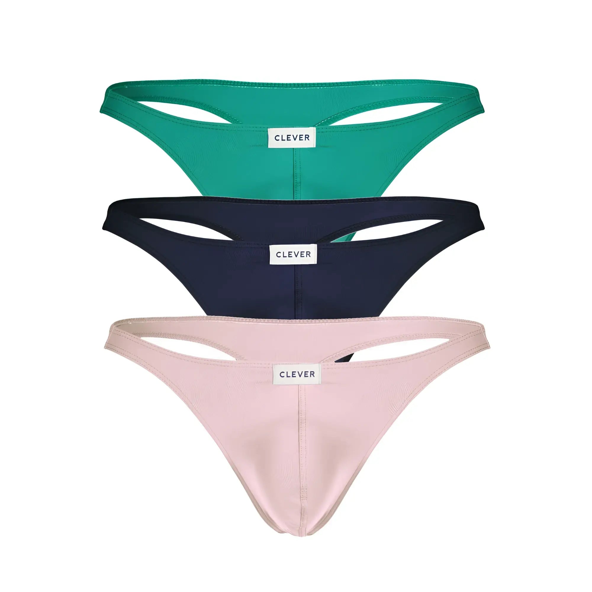 Set of three sleek minimalist clever australian latin thong underwear in teal navy blue and blush pink colors