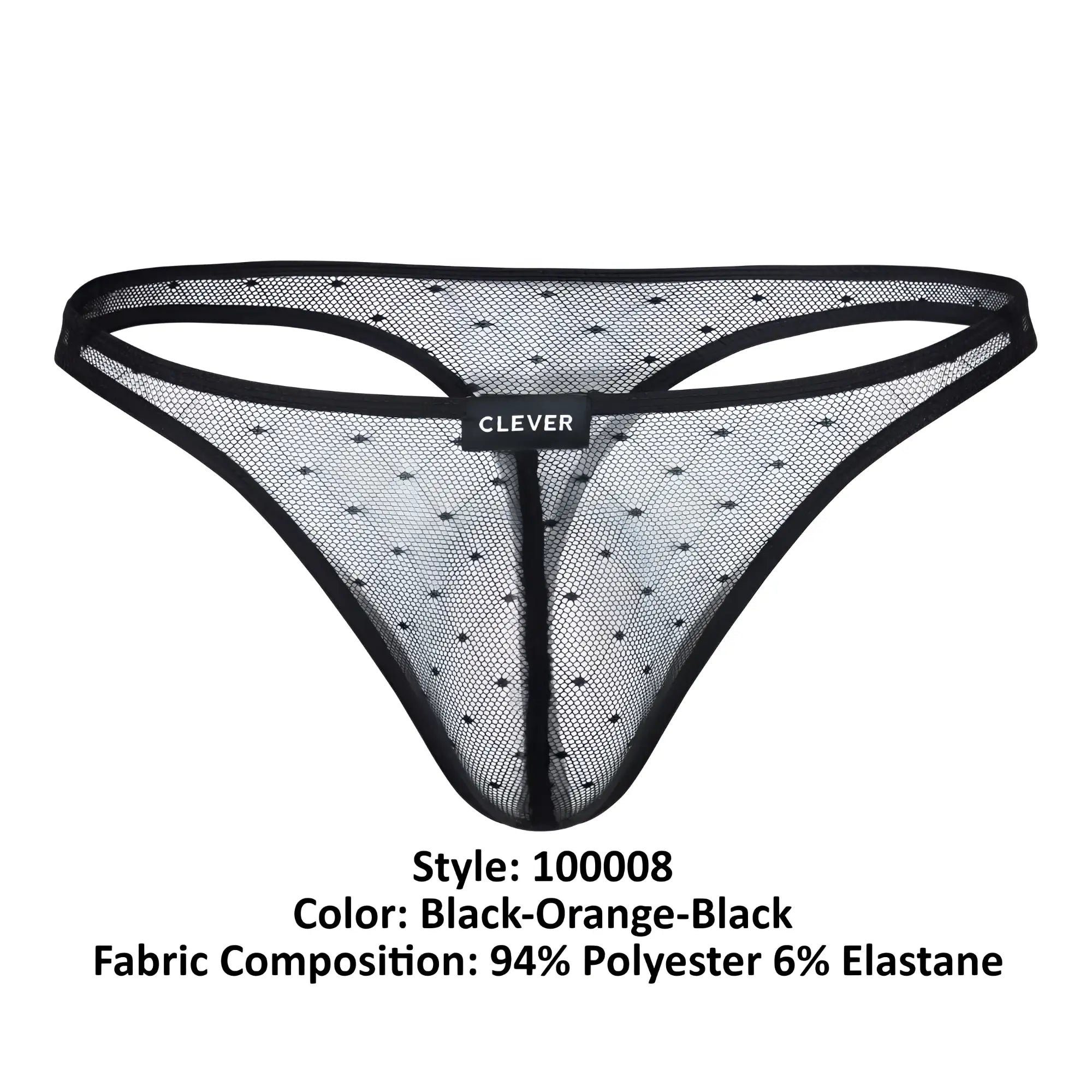 Black mesh thong with subtle orange dot pattern and black trim featuring clever brand label from clever 100008 3PK Australian Latin thongs