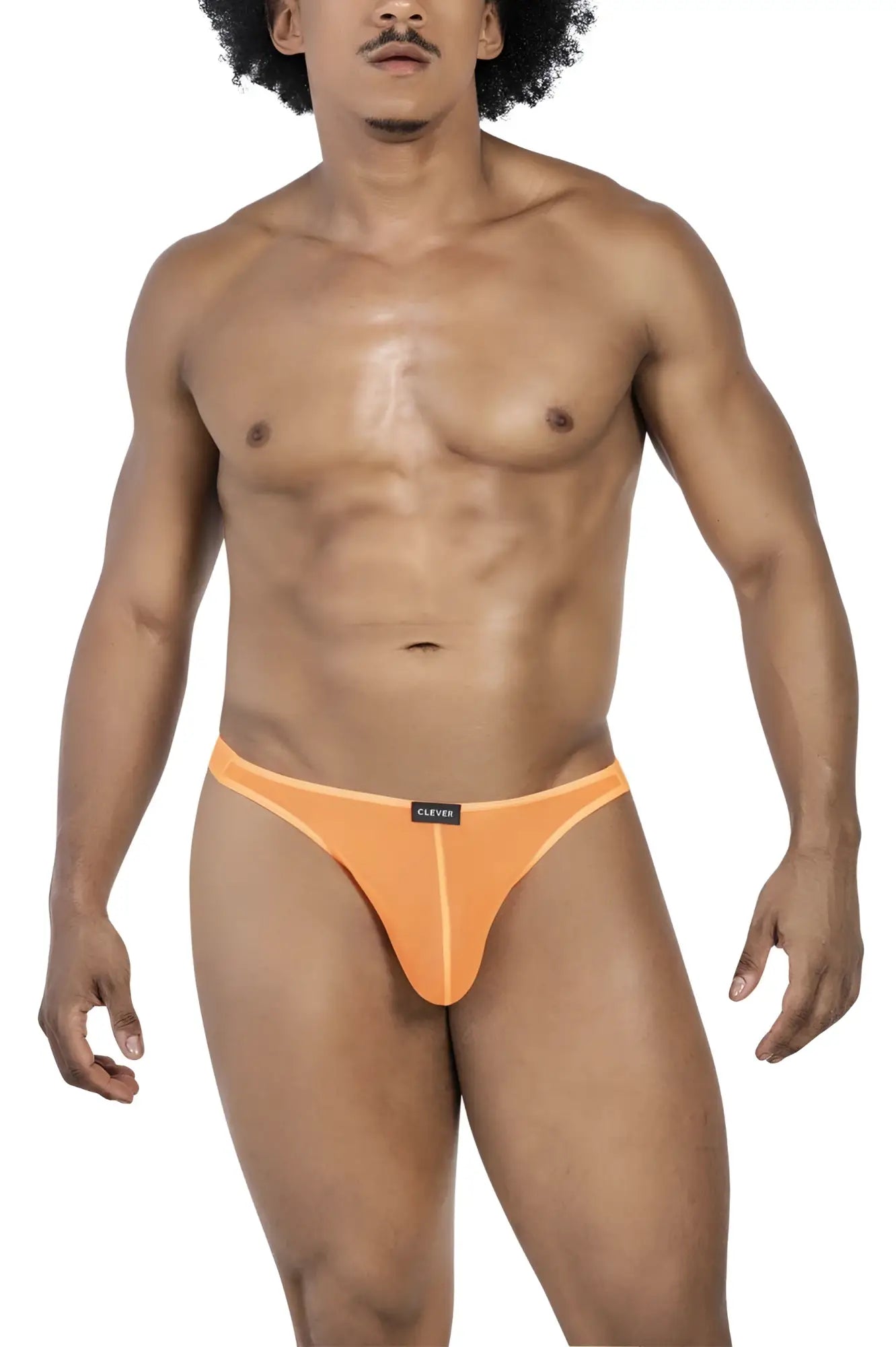 Orange sheer fabric briefs with black brand tag on waistband from clever 100008 3pk australian latin thongs set