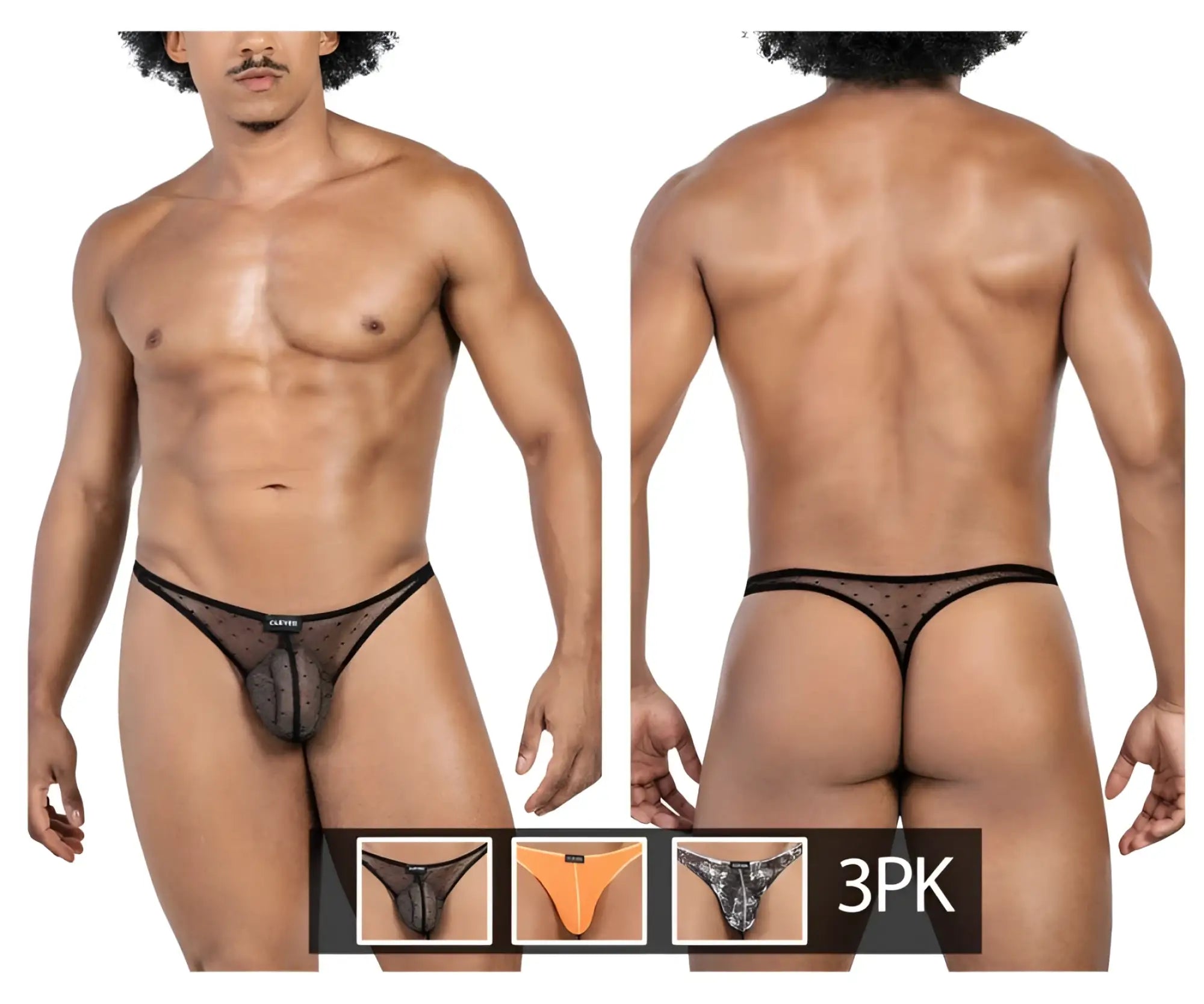Black sheer mesh thong with dotted pattern and black elastic trim from clever 100008 3pk australian latin thongs