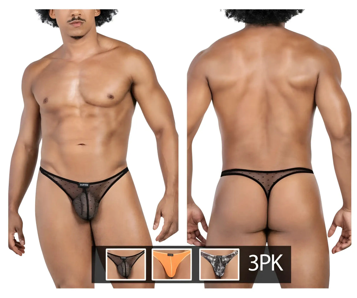 Black sheer mesh thong with dotted pattern and black elastic trim from clever 100008 3pk australian latin thongs