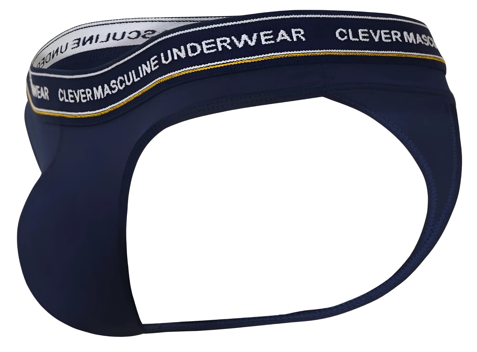 Navy blue men’s briefs with white and gold elastic waistband featuring clever masculine underwear text from clever 3PK