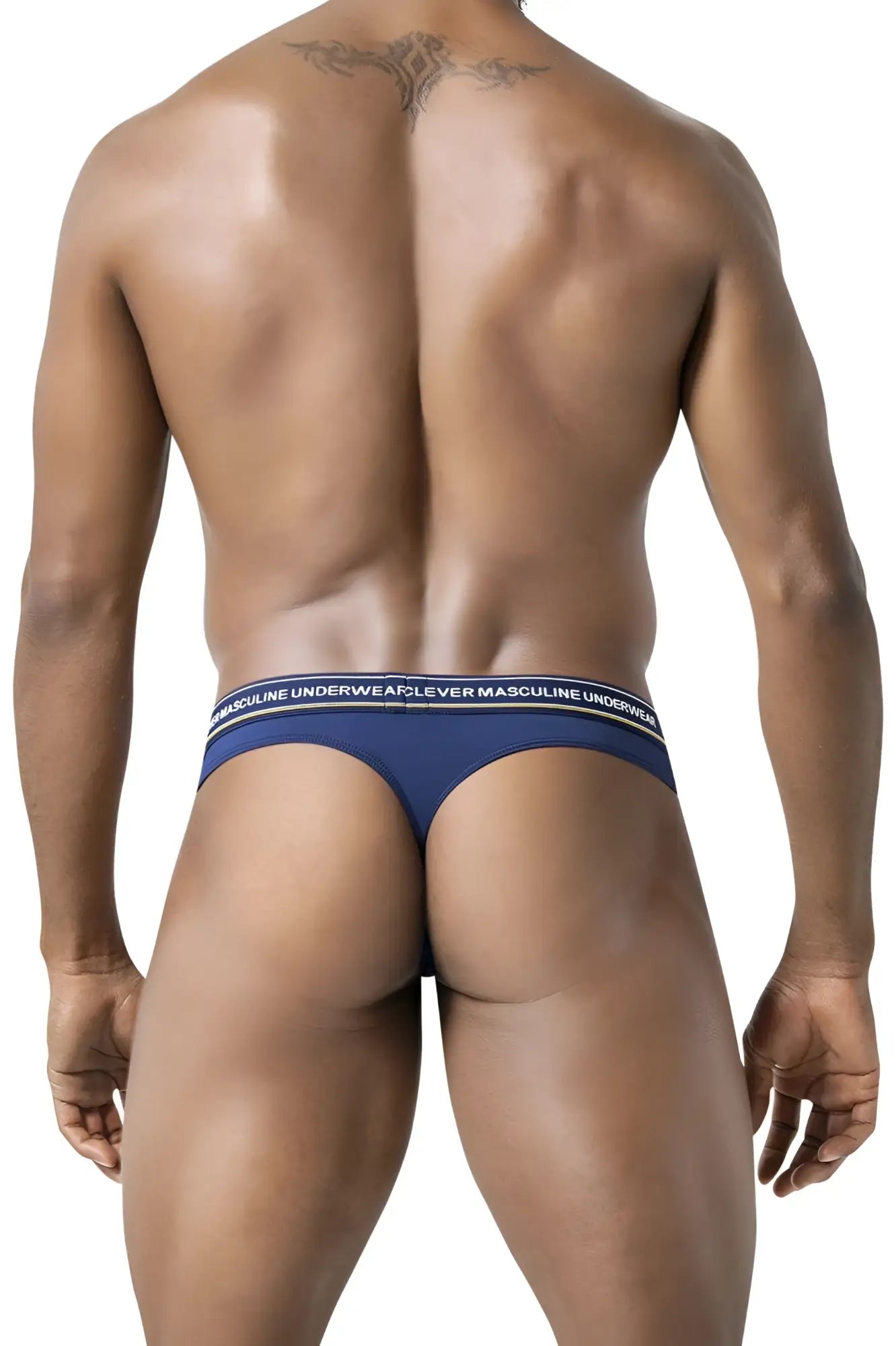 Navy blue men’s briefs with white elastic waistband featuring black text from clever 100010 3pk australian latin thongs