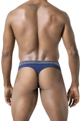 Navy blue men’s briefs with white elastic waistband featuring black text from clever 100010 3pk australian latin thongs