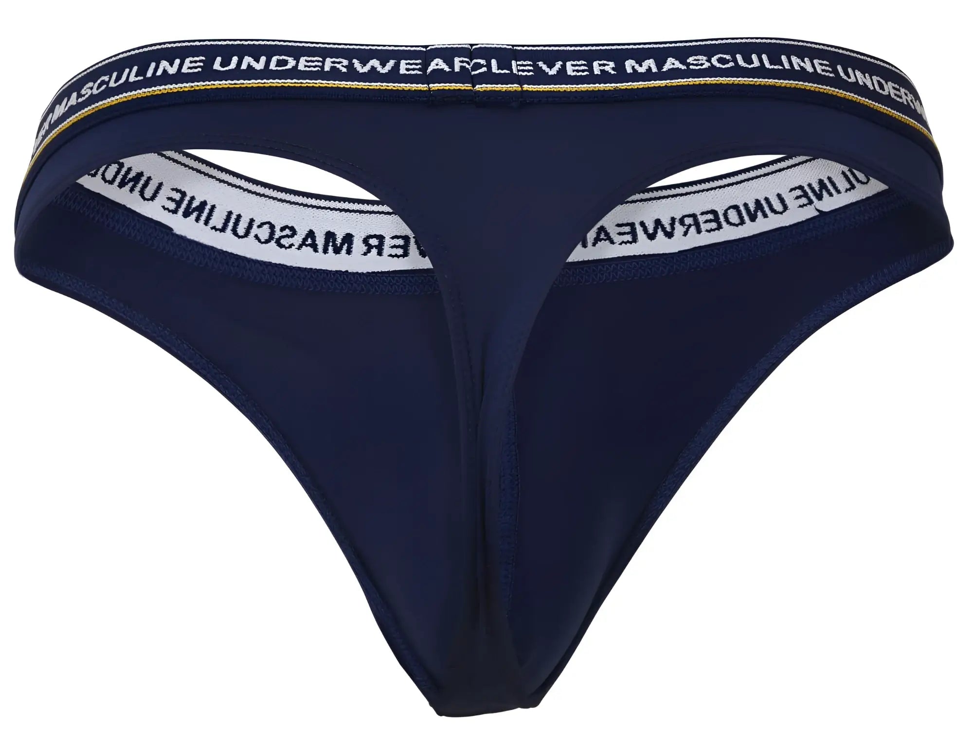 Navy blue Clever 100010 thong with white and gold trim and masculine underwear waistband text in Australian Latin 3PK