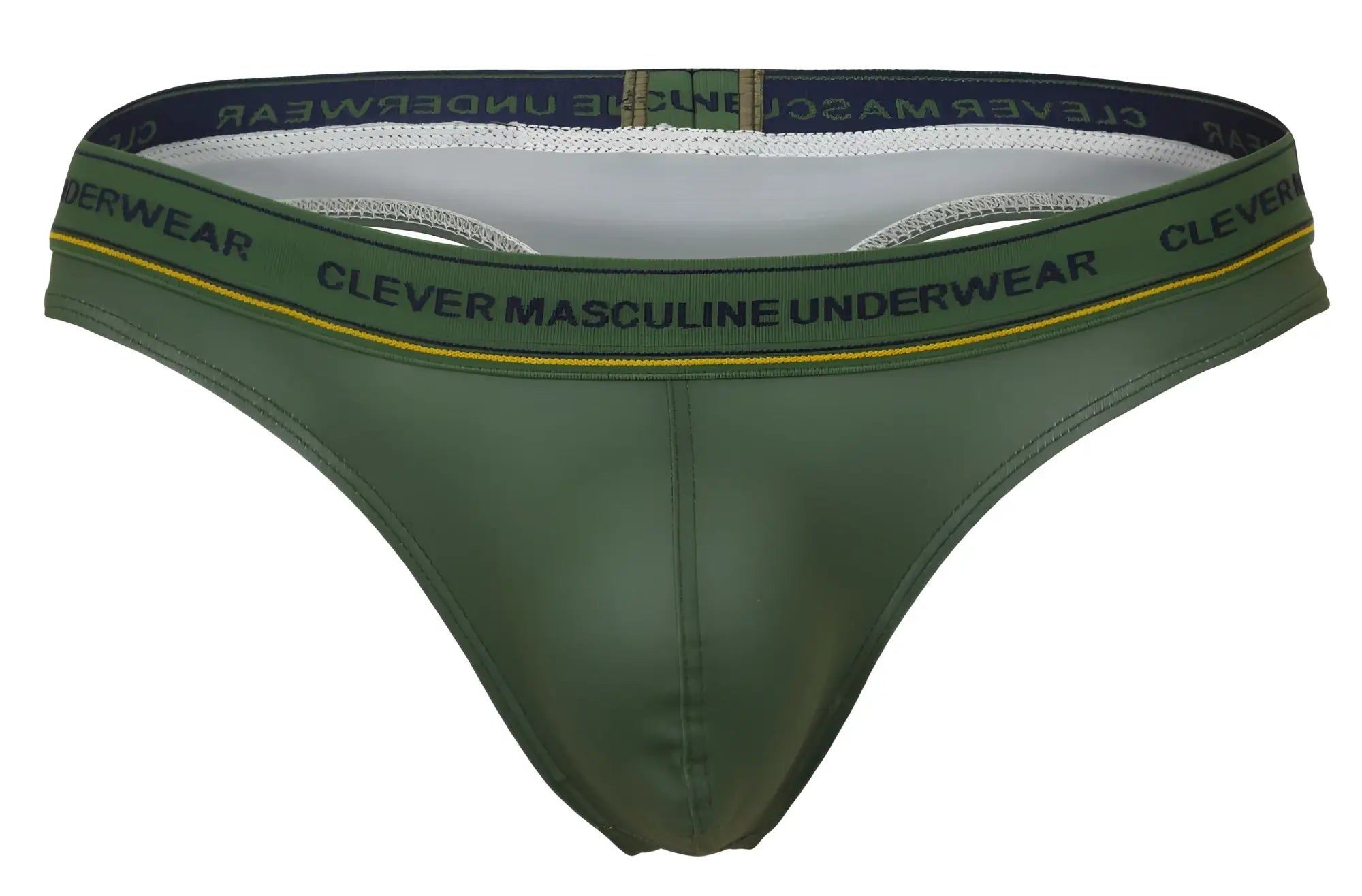 Olive green leather-like thong with black elastic waistband yellow trim and clever masculine underwear branding visible