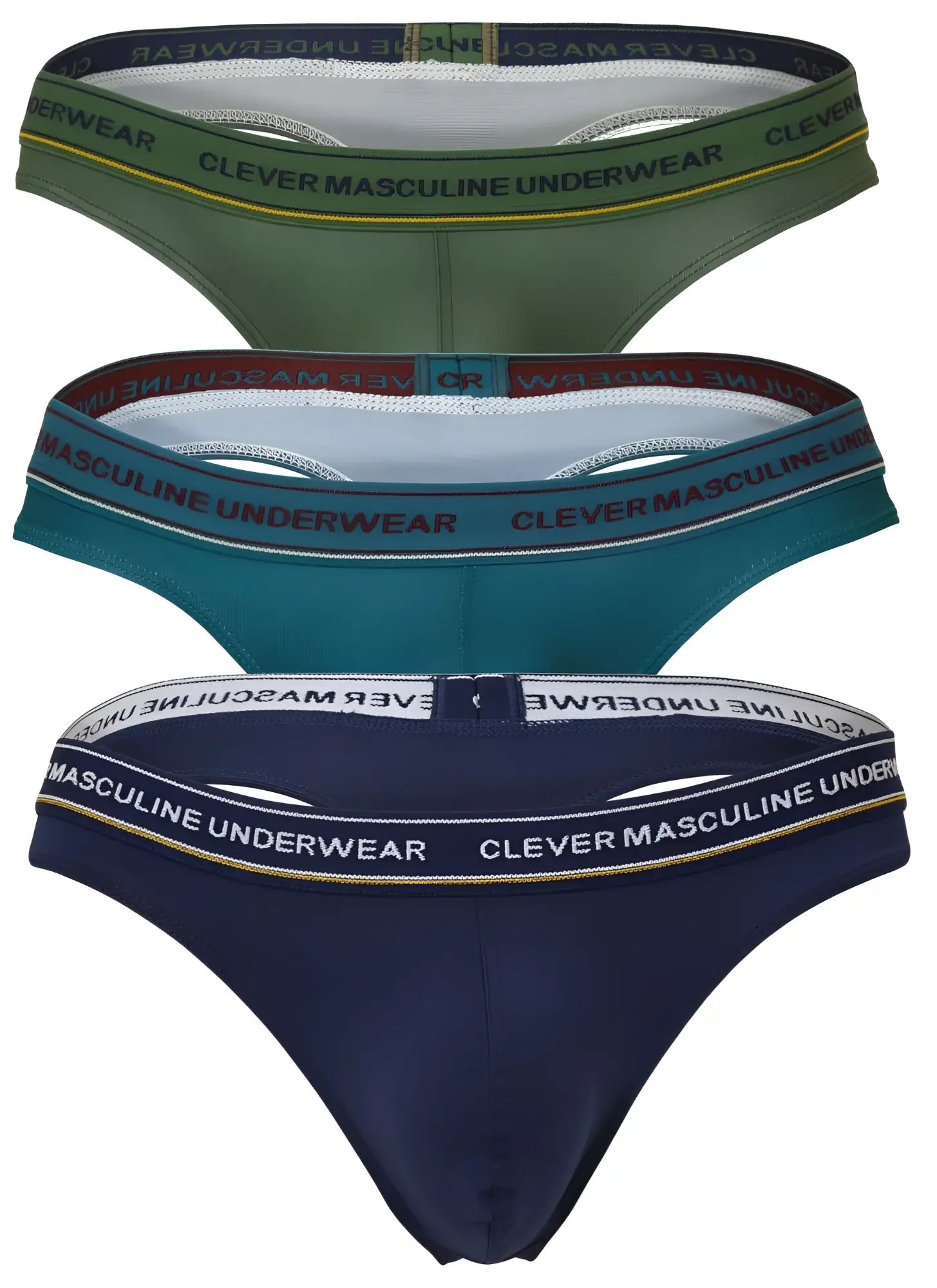 Set of three clever 100010 australian latin thongs in blue petrol and green with elastic waistbands and masculine branding
