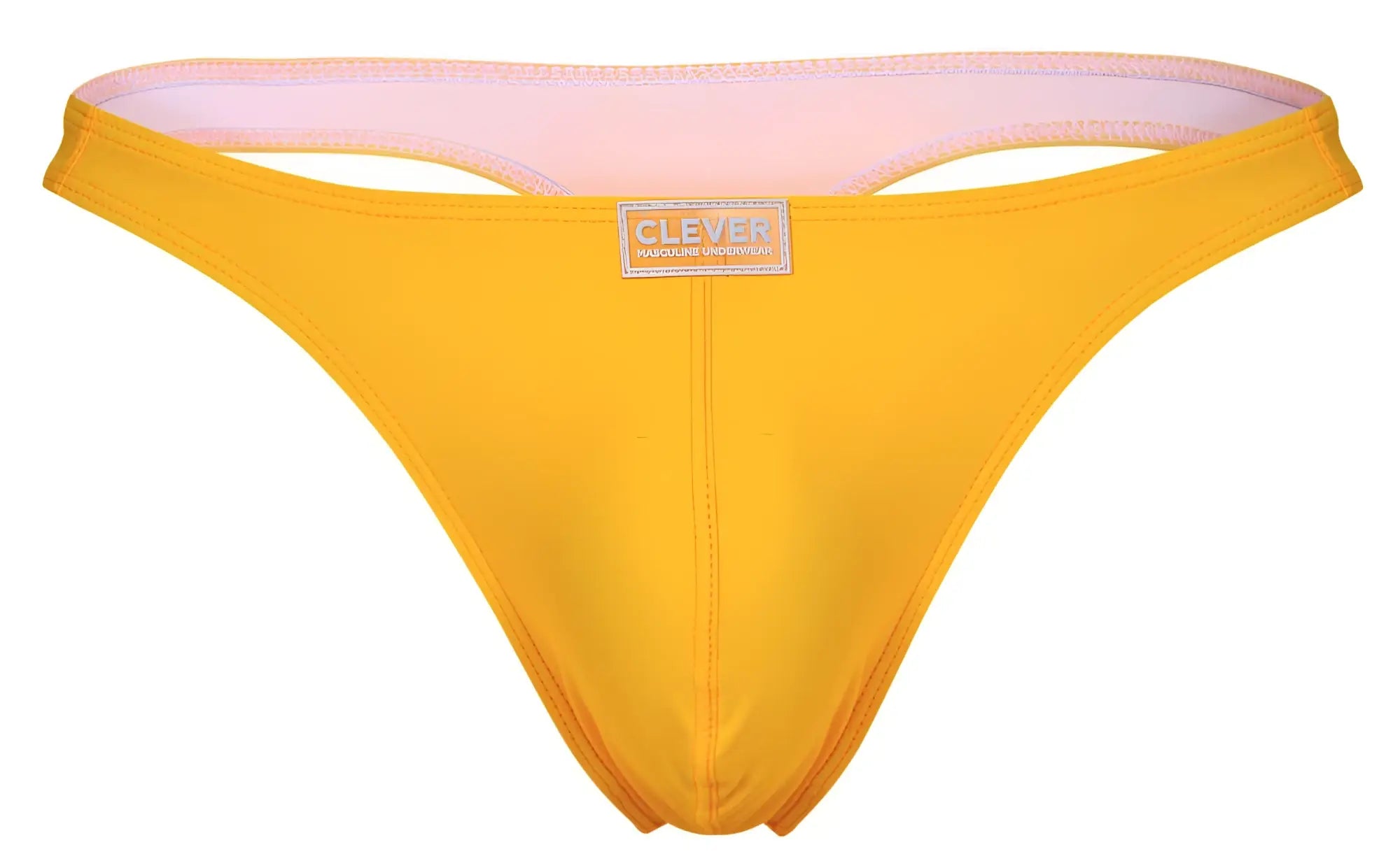 Bright yellow Clever 10009 thong with soft pink lining and small rectangular clever brand label on the front