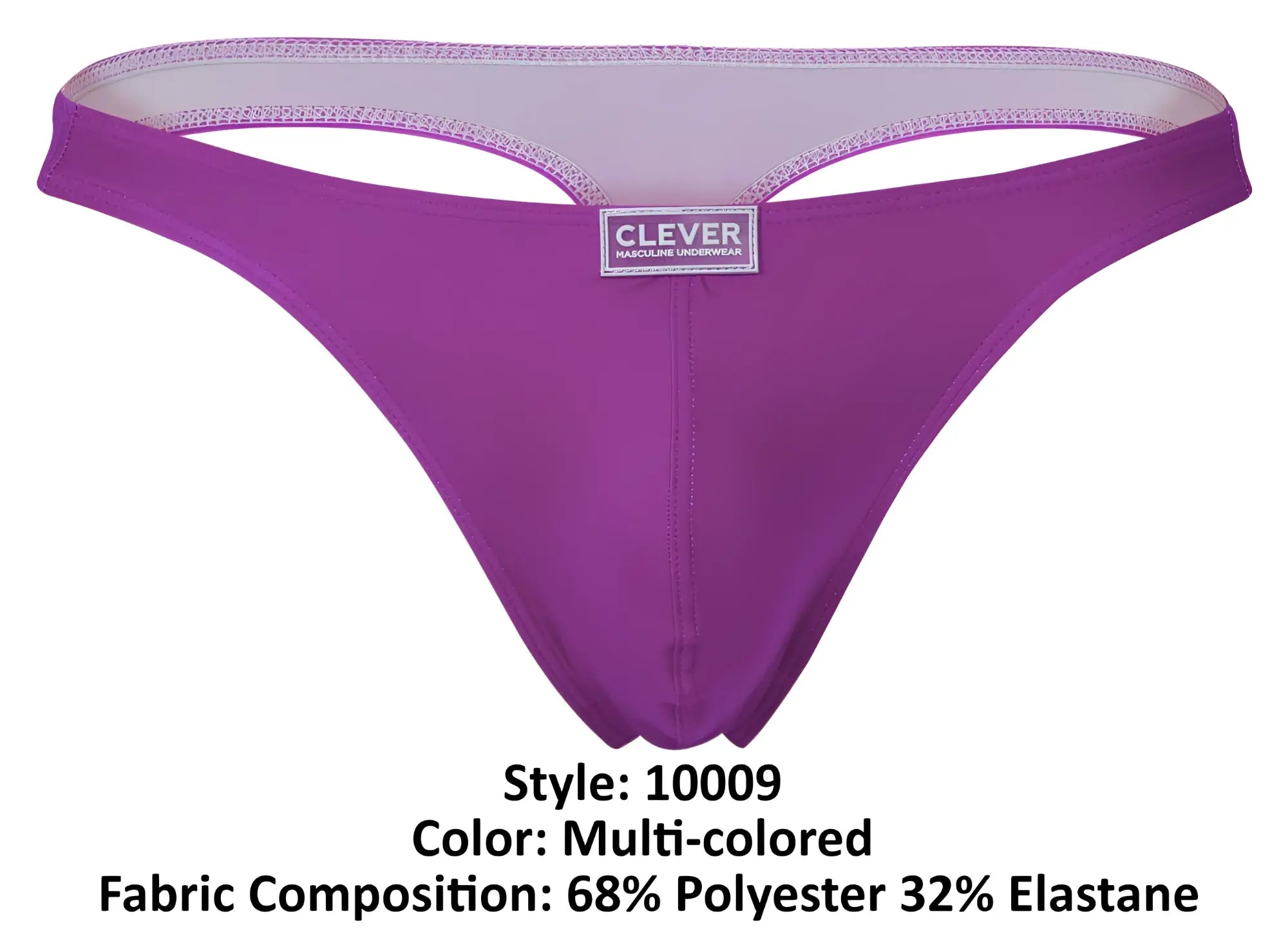 Purple multi-colored clever 10009 7pk pride thong with white inner lining and clever brand label visible