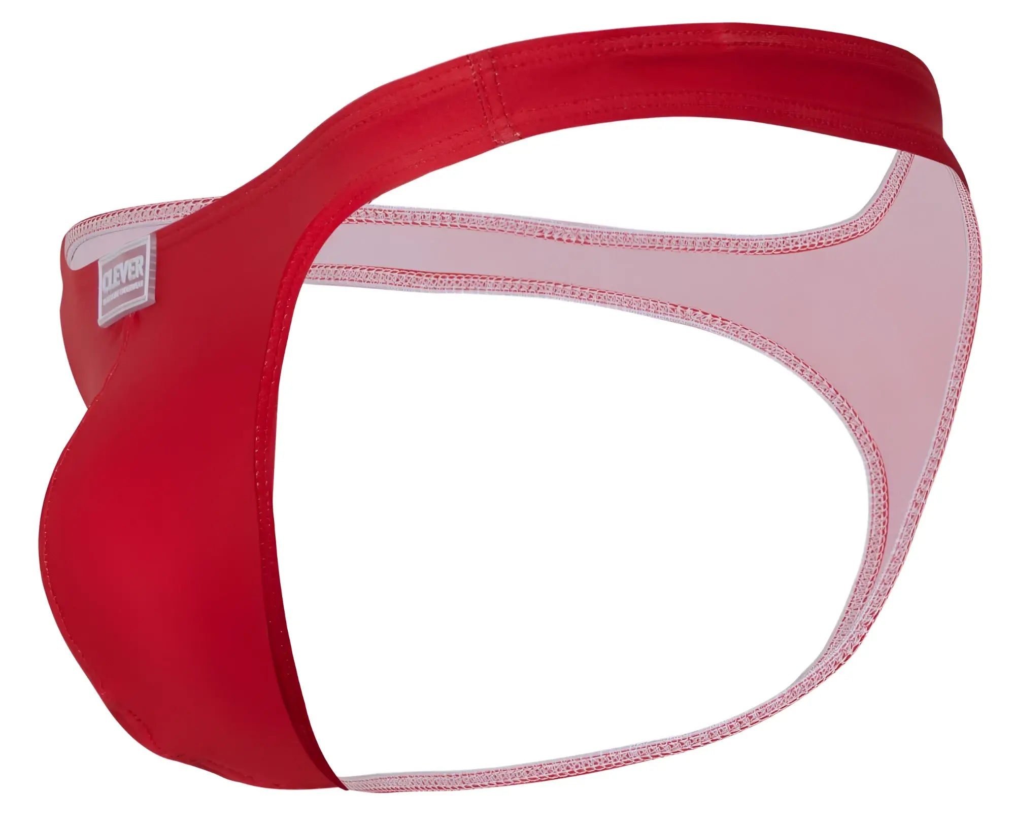 Red men’s thong with white inner lining and pink stitching featuring trever brand label from clever 10009 7pk pride thongs
