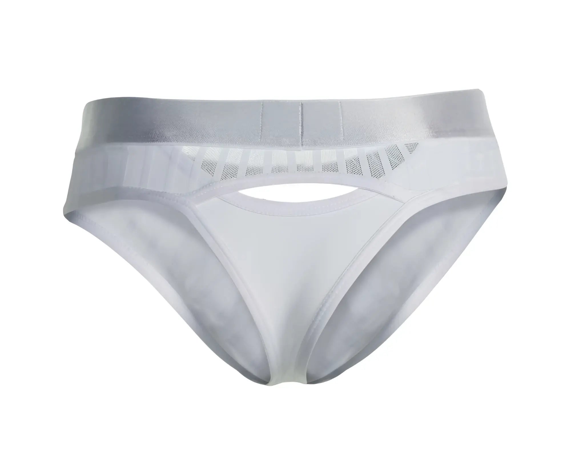 White athletic briefs clever 1034 lucerna thongs with silver mesh panel and elastic waistband, front view