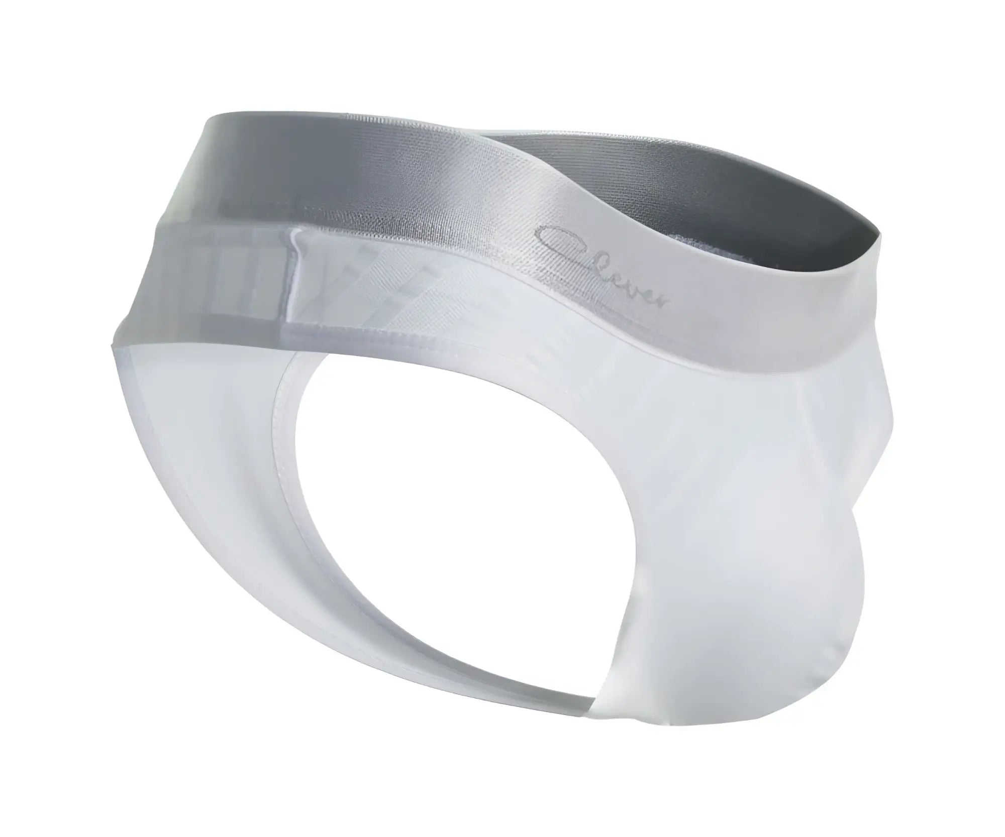 White sheer men’s briefs with satin gray waistband and clever brand logo from clever 1034 lucerna thongs
