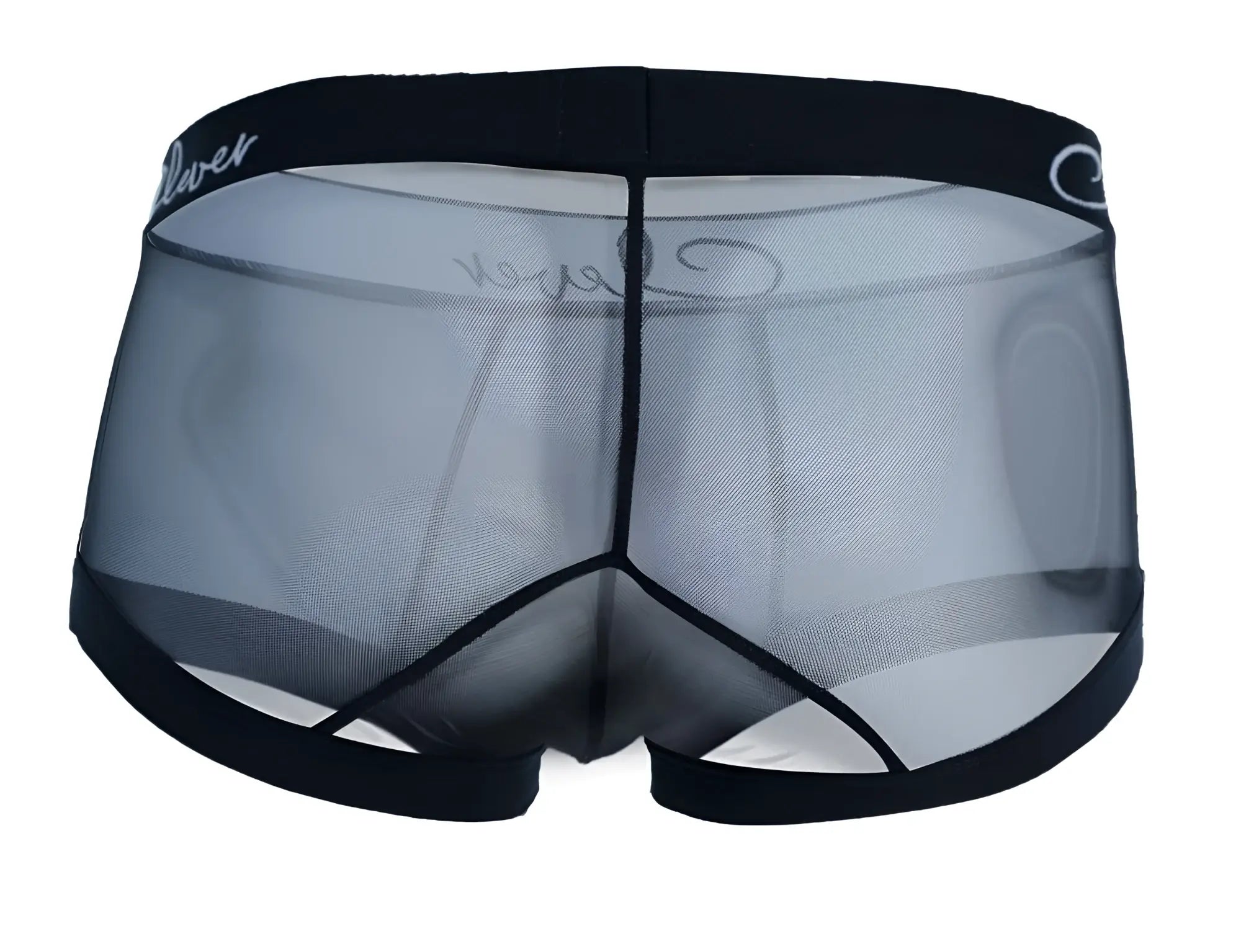 Black mesh men’s clever 1226 demon trunks with solid black waistband and lover brand name in white cursive