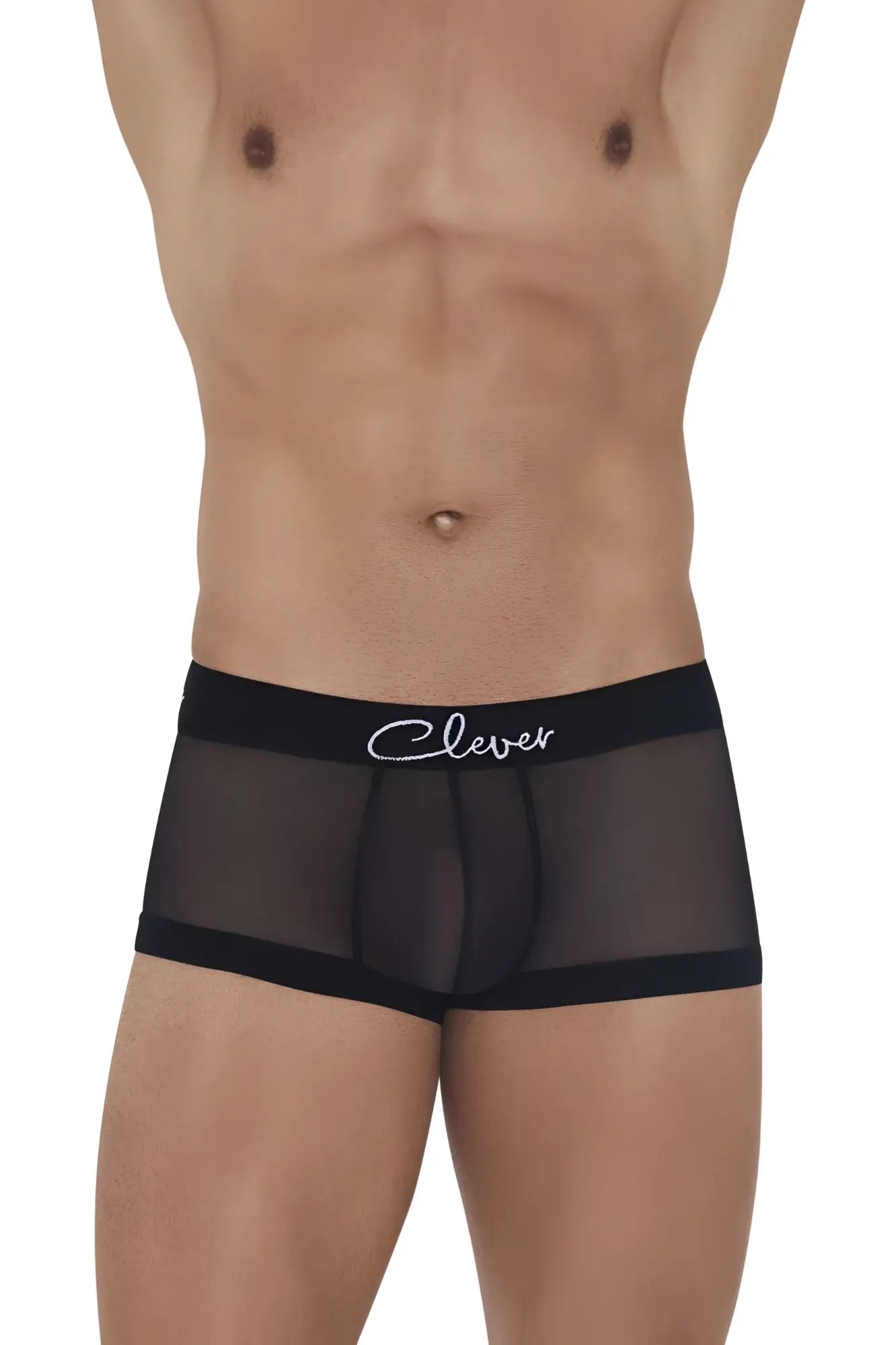 Black sheer boxer briefs clever 1226 demon trunks in black with solid waistband and white clever logo in cursive