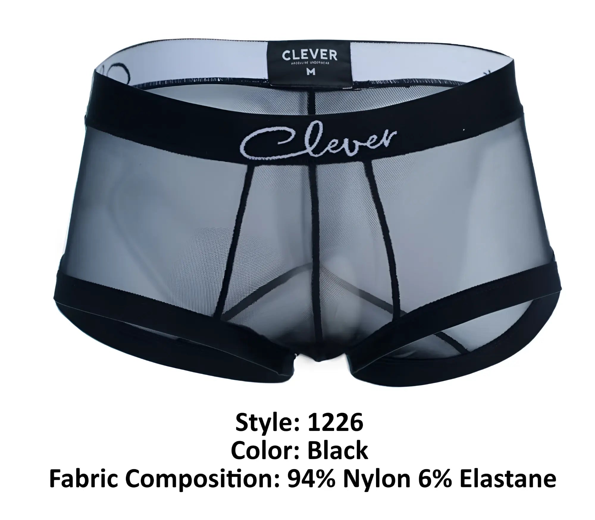 Black sheer mesh briefs with black elastic trim and white clever logo embroidered on the waistband in black