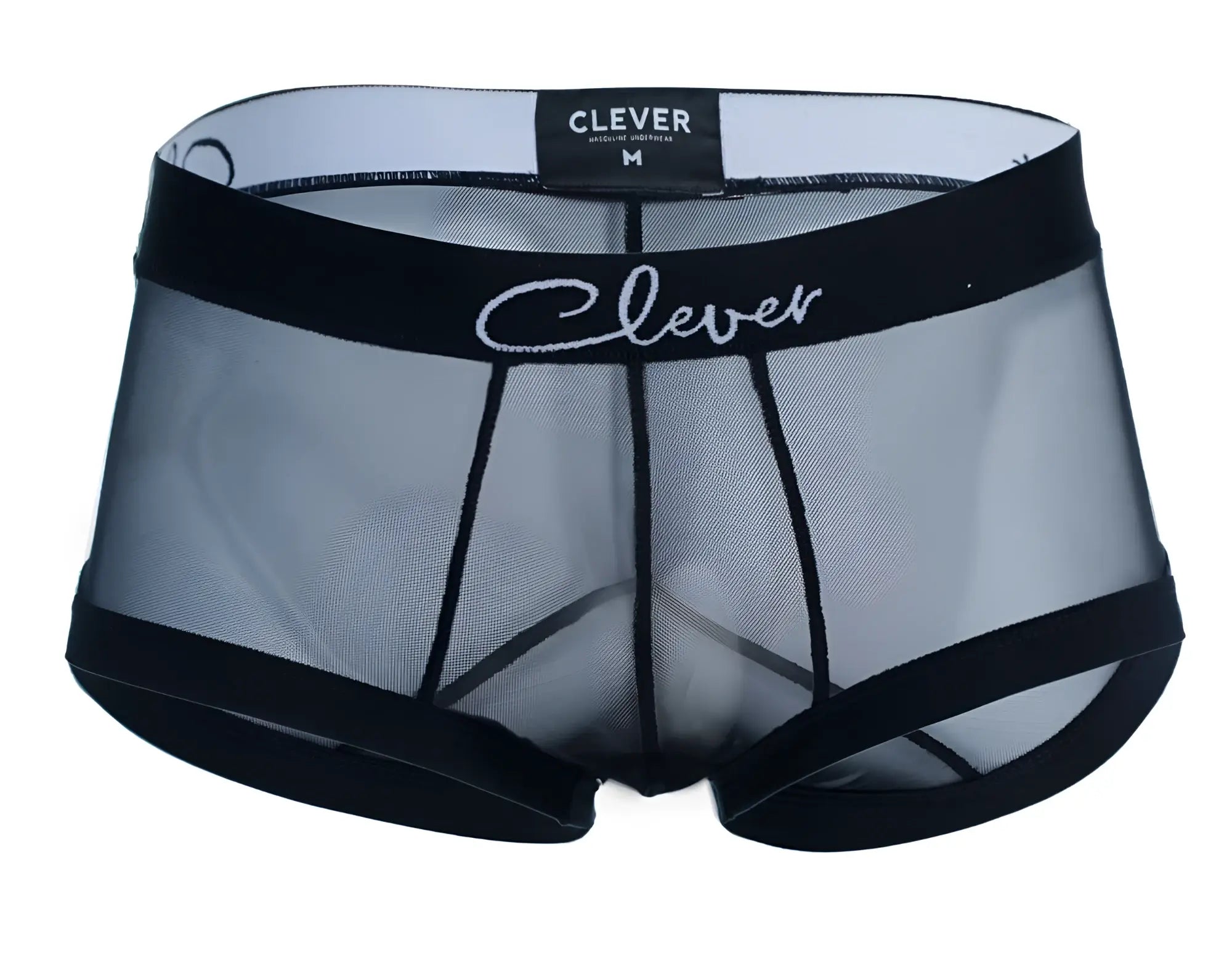 Black sheer mesh briefs with a black elastic waistband featuring clever logo in white cursive script clever 1226 demon trunks