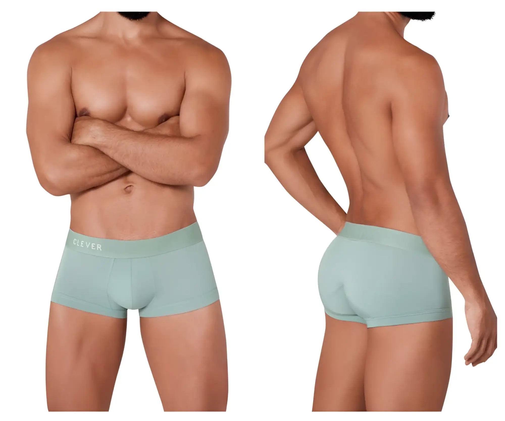 Mint green cotton clever 1306 tribe trunks briefs with subtle clever logo on the waistband front side view