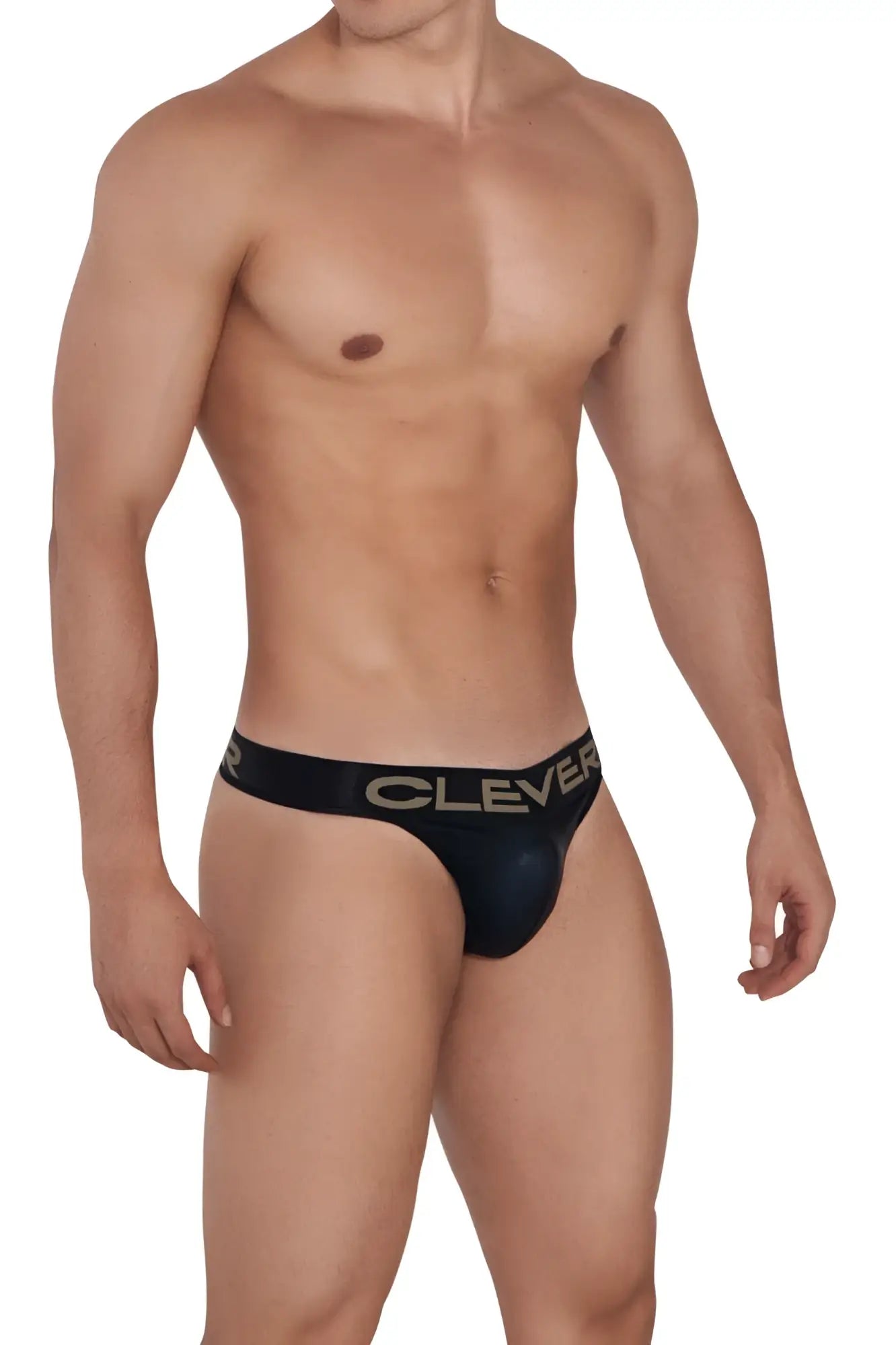 Black clever 1410 earth thongs with sleek form-fitting design and gold lettering on waistband from clever brand