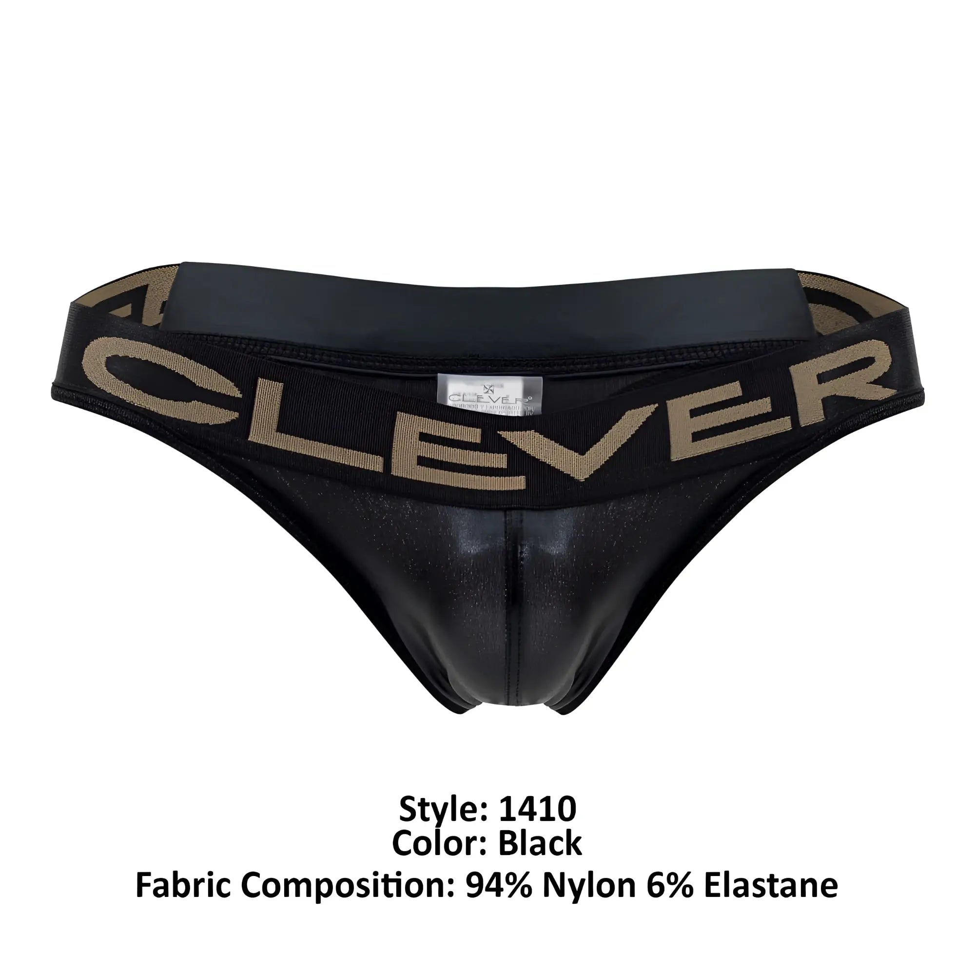 Black clever 1410 earth thong made of shiny stretchy nylon and elastane fabric shown from the back side