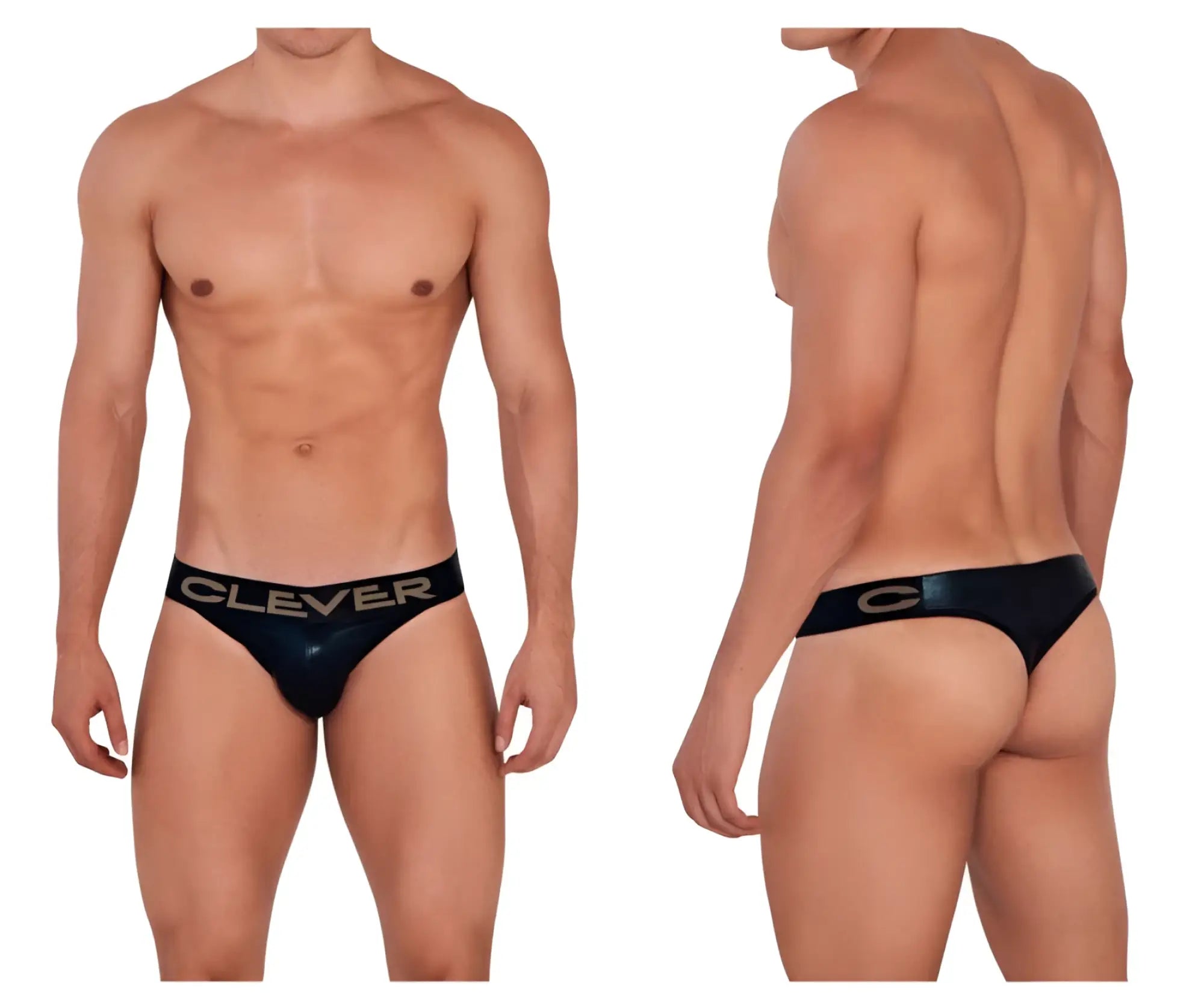 Black glossy briefs with clever branding in silver on the waistband from clever 1410 earth thongs color black