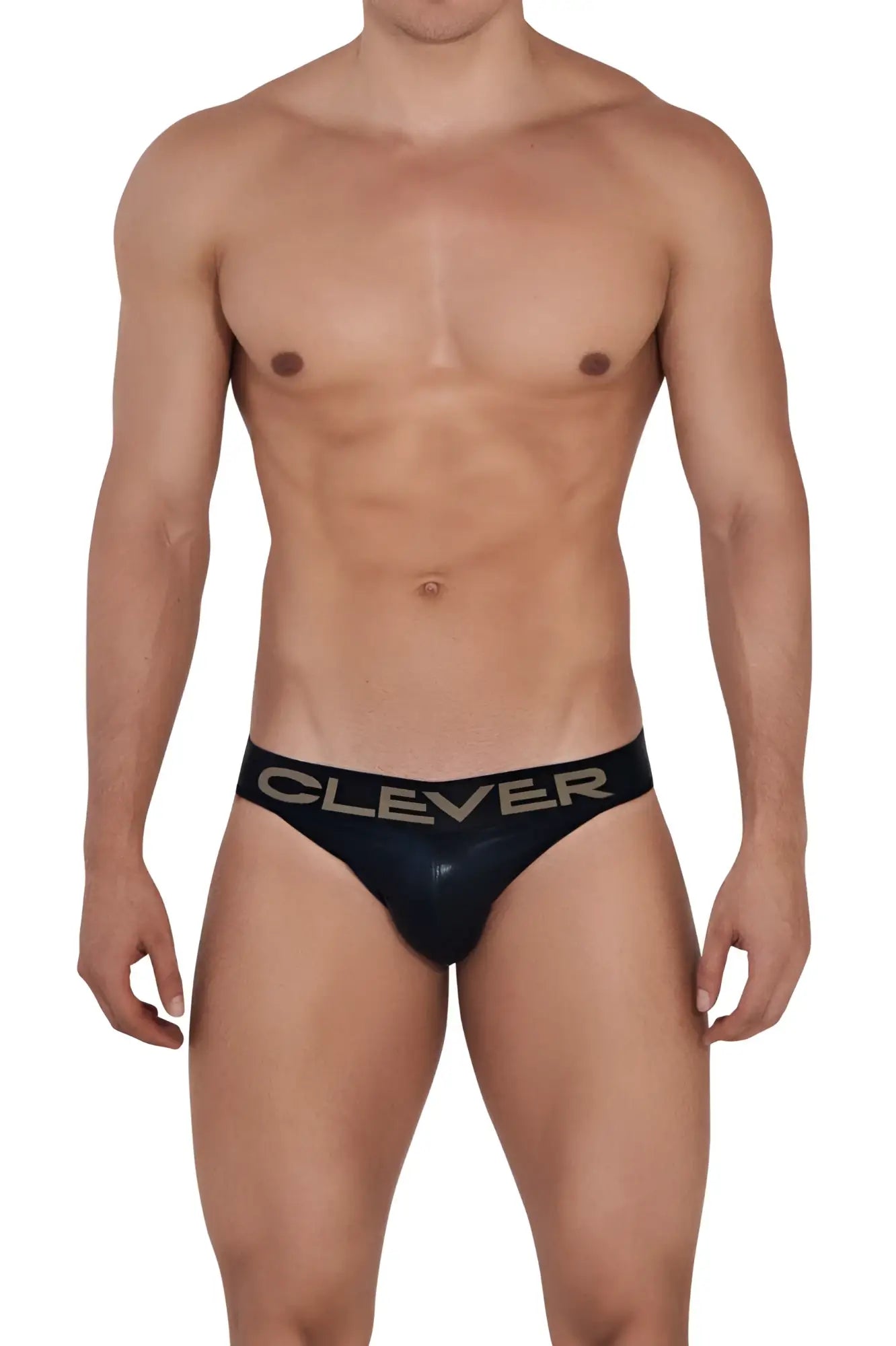 Black patent leather briefs with a sleek glossy finish and clever gold lettering on the waistband from clever 1410 earth thongs