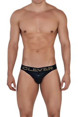 Black patent leather briefs with a sleek glossy finish and clever gold lettering on the waistband from clever 1410 earth thongs