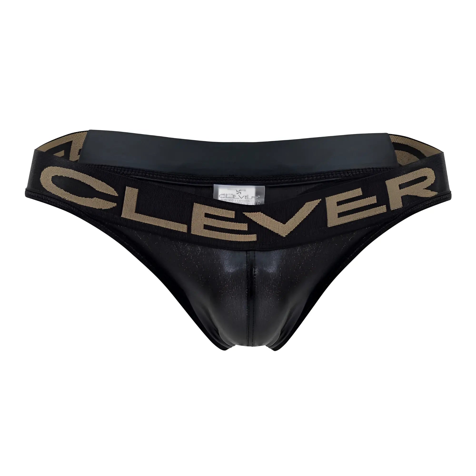 Black shiny leather-like briefs with a tan clever logo band from clever 1410 earth thongs color black collection