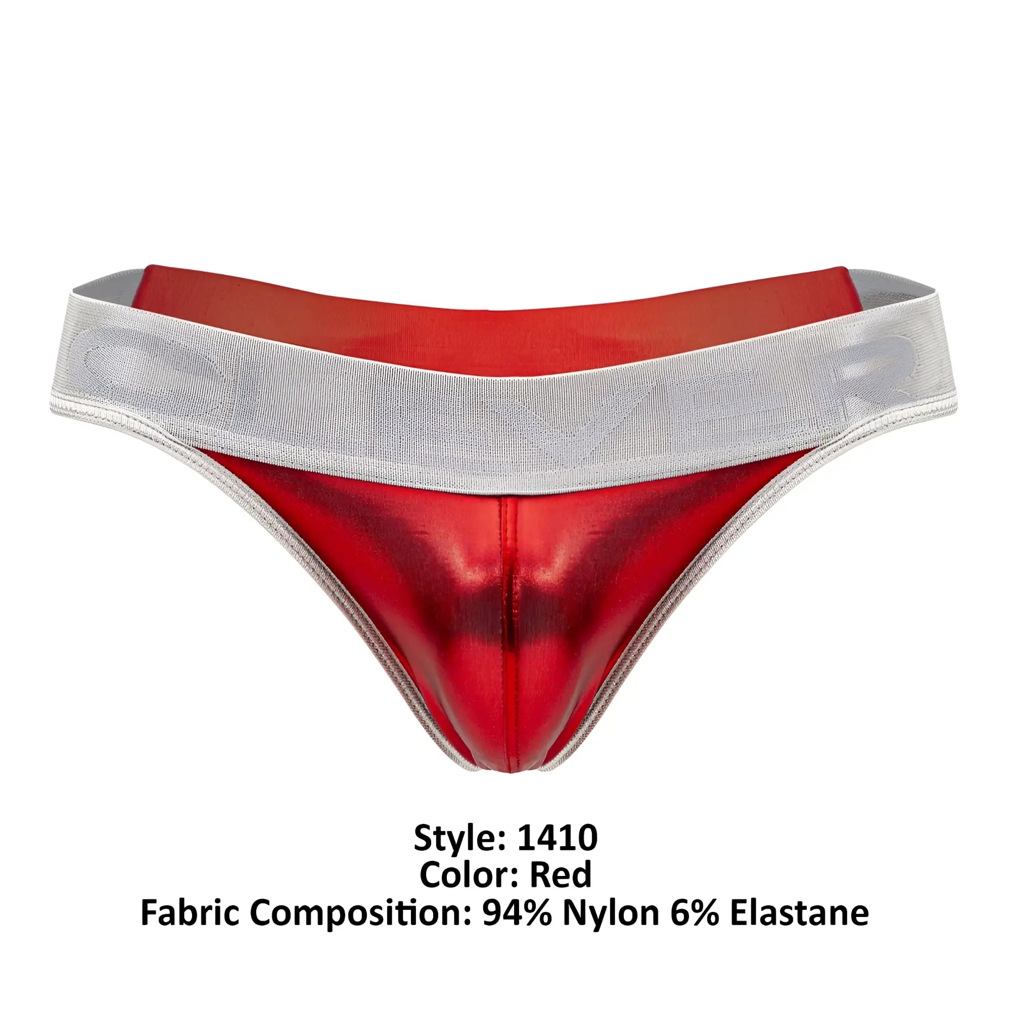 Red metallic nylon clever 1410 earth thong with a silver elastic waistband for comfortable everyday wear