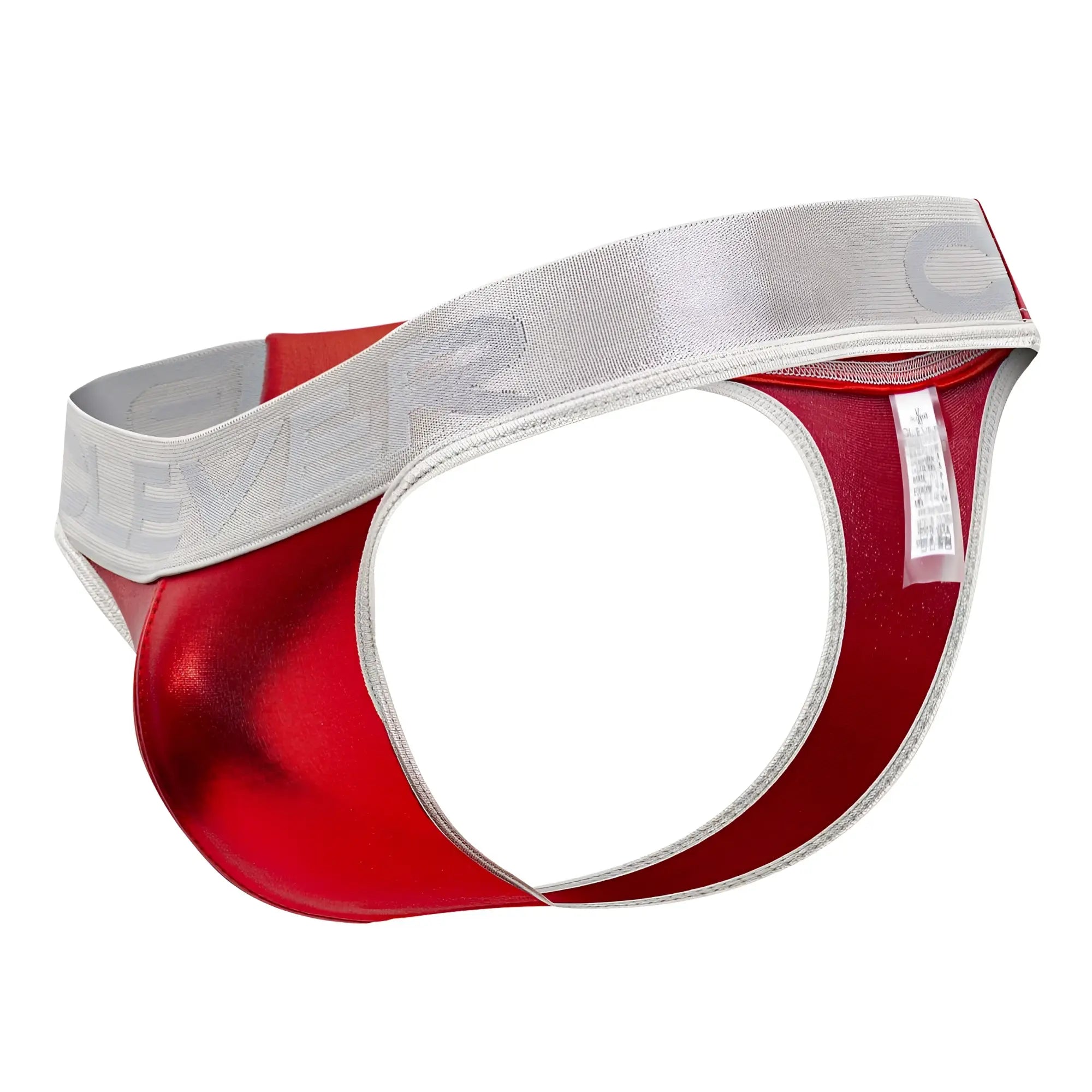 Red metallic briefs with silver elastic waistband embossed with severe branding clever 1410 earth thongs red