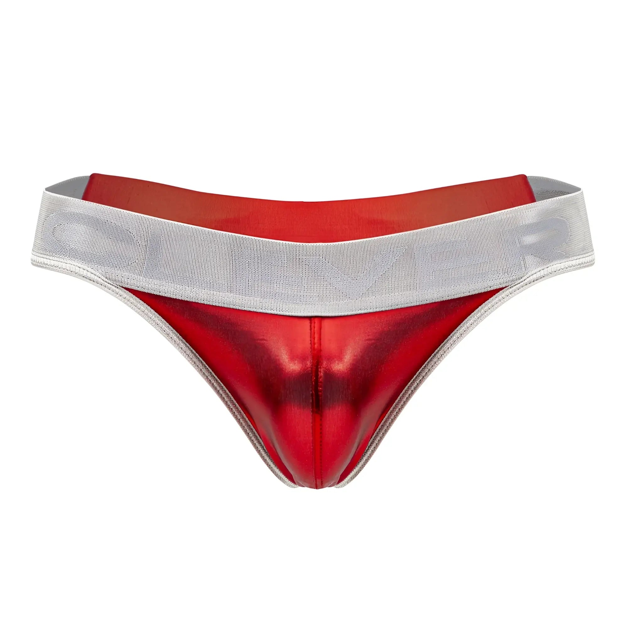 Red metallic earth thong with silver waistband showcasing sleek design and vibrant color in clever 1410 model