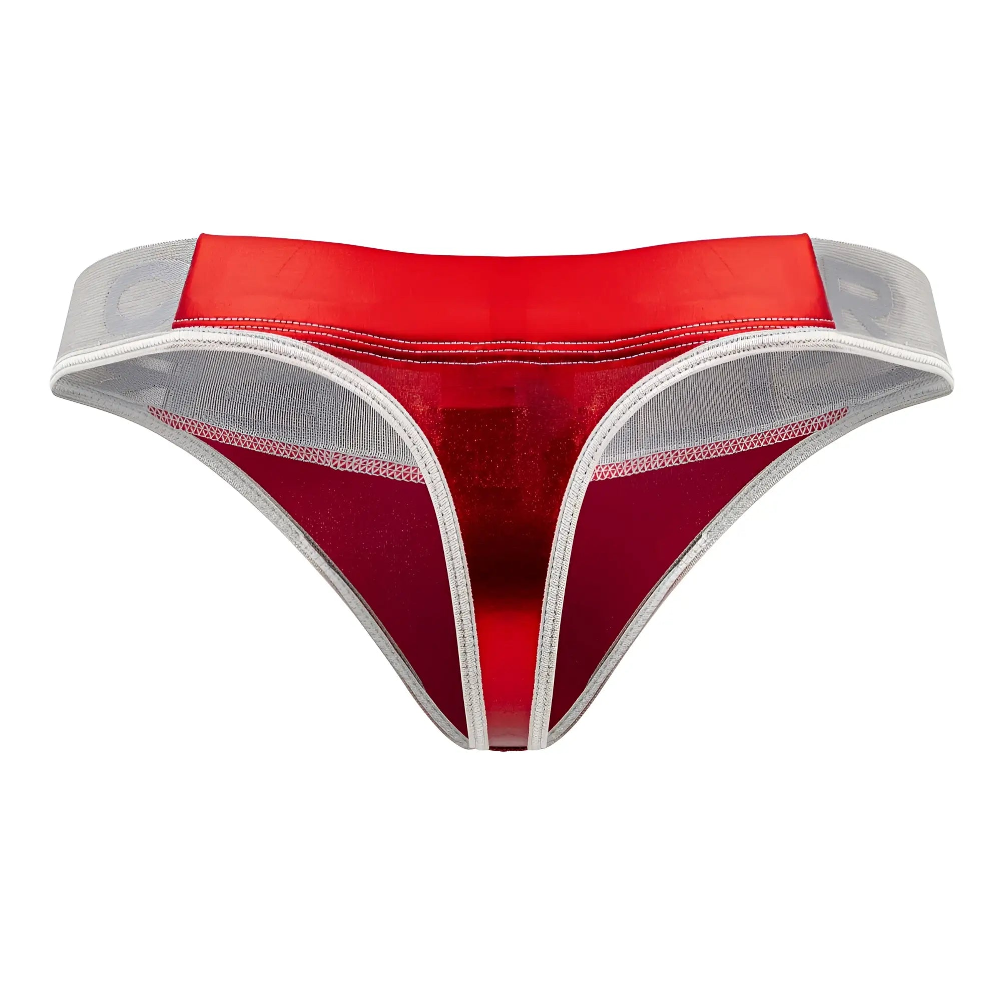Red and silver mesh clever 1410 earth thong with a shiny satin-like waistband front view