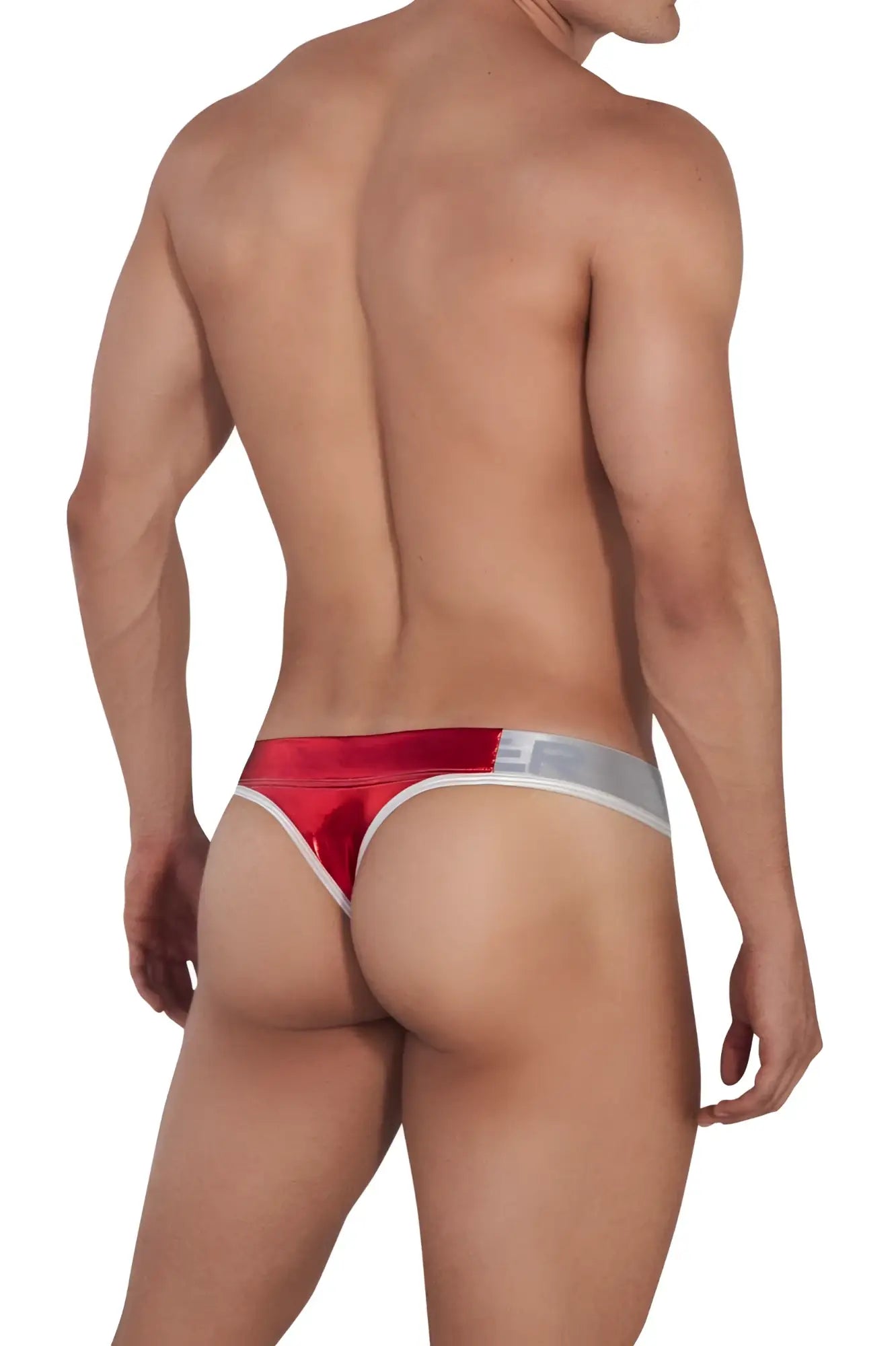 Red and silver metallic clever 1410 earth thongs with sleek shiny finish in briefs style