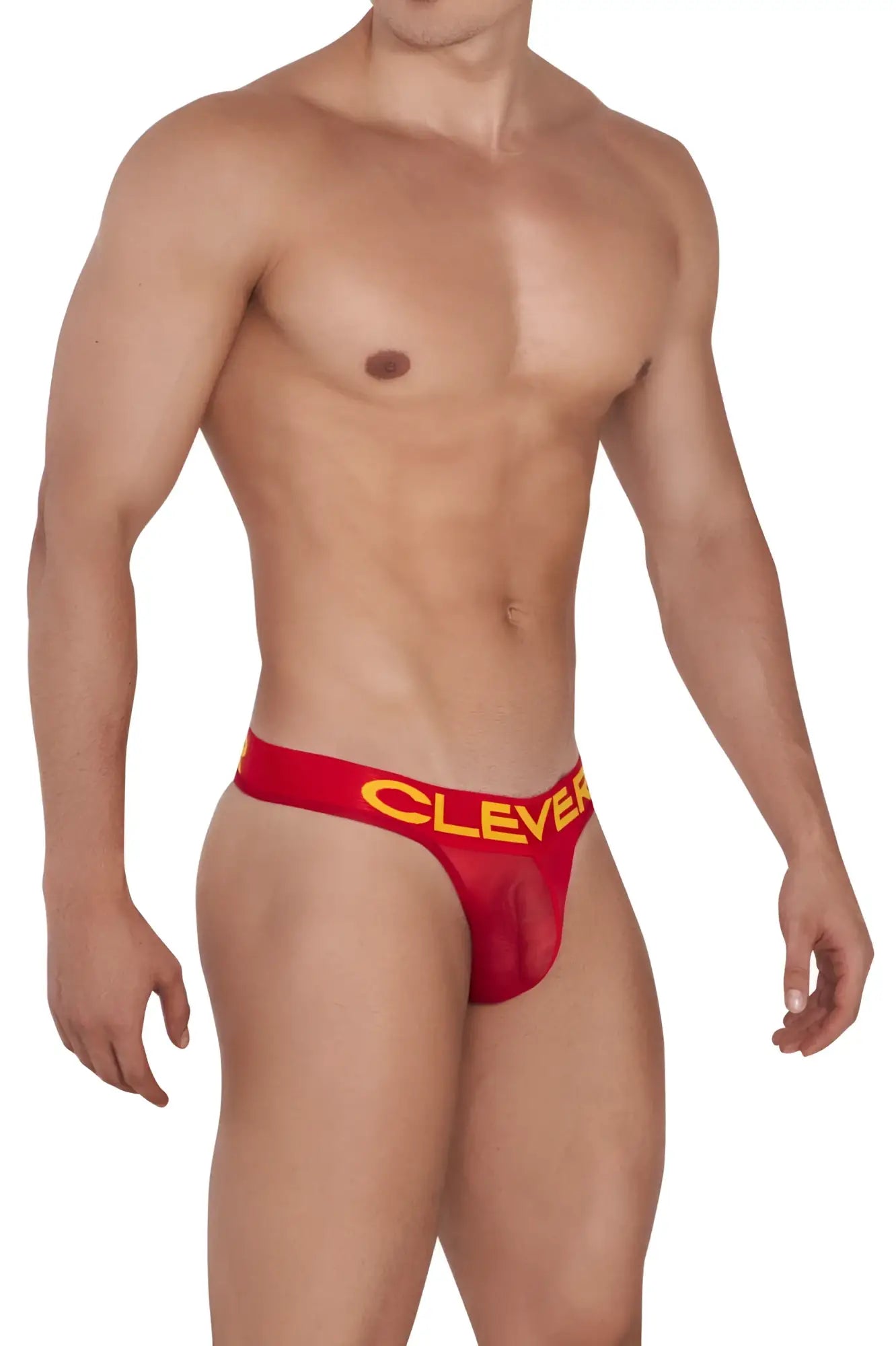 Red clever 1411 wind thong featuring a bold yellow logo on the waistband and made from lightweight fabric