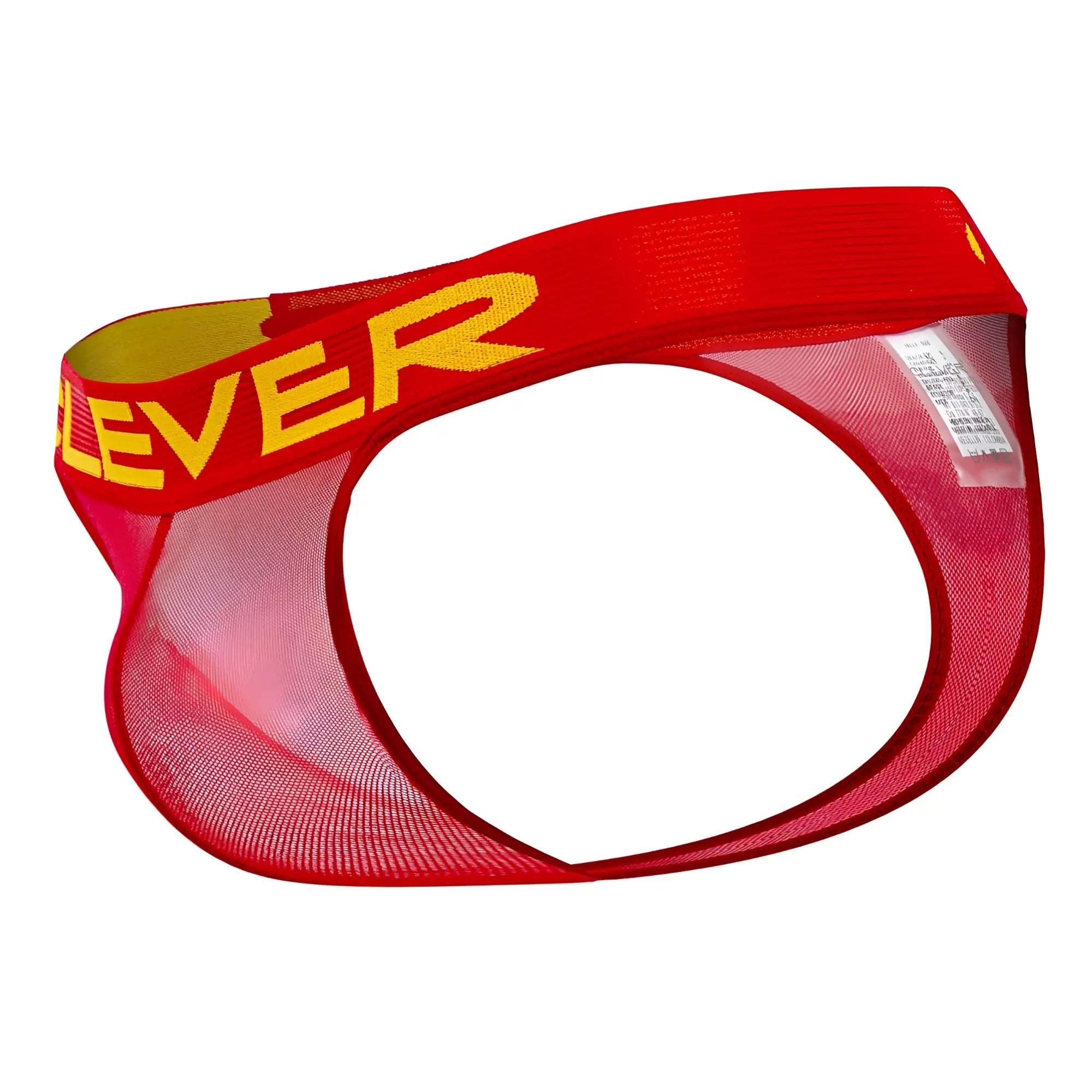 Red mesh clever 1411 wind thongs with bold yellow logo on waistband designed for comfortable support