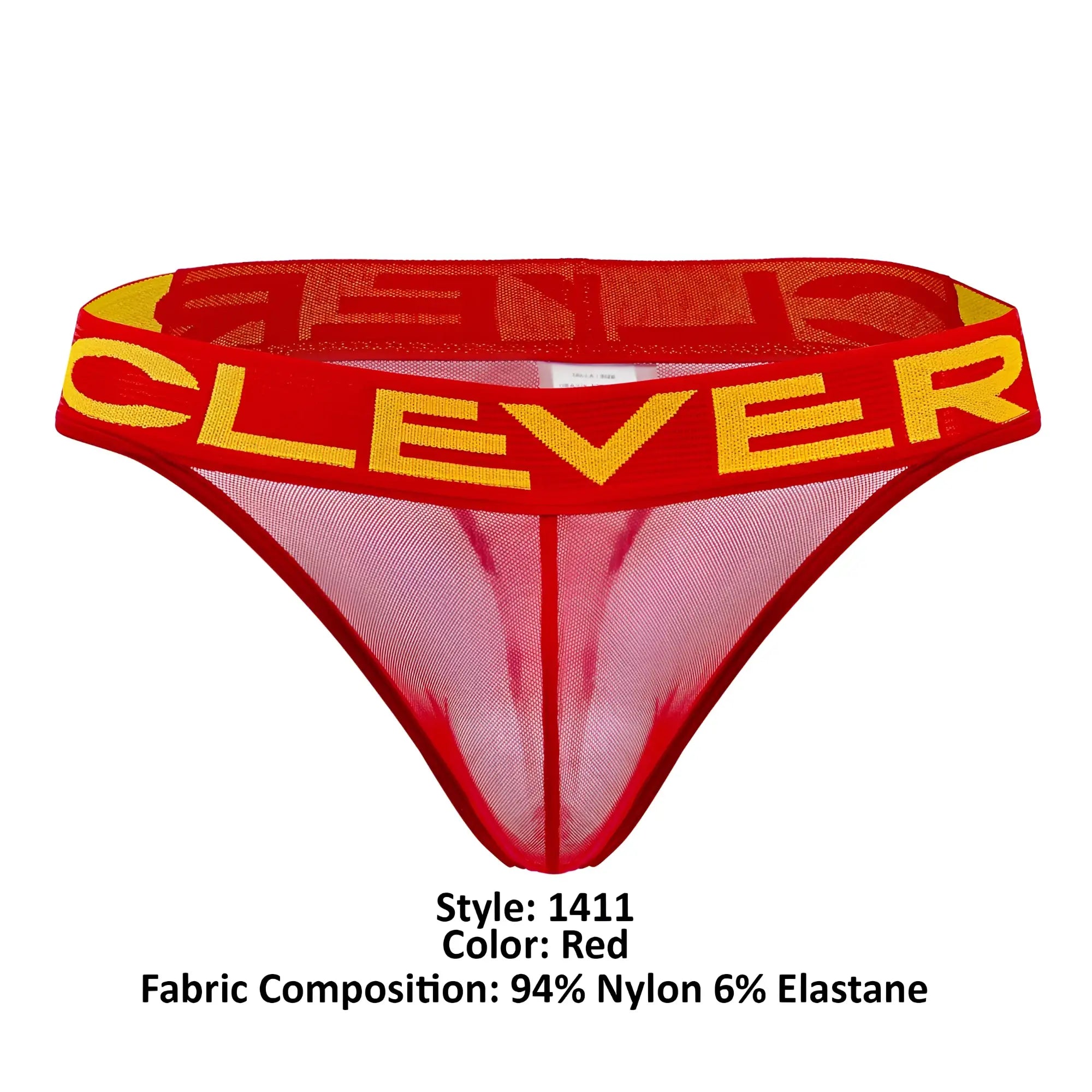 Red sheer mesh thong with bold yellow clever branded waistband from clever 1411 wind thongs color red collection