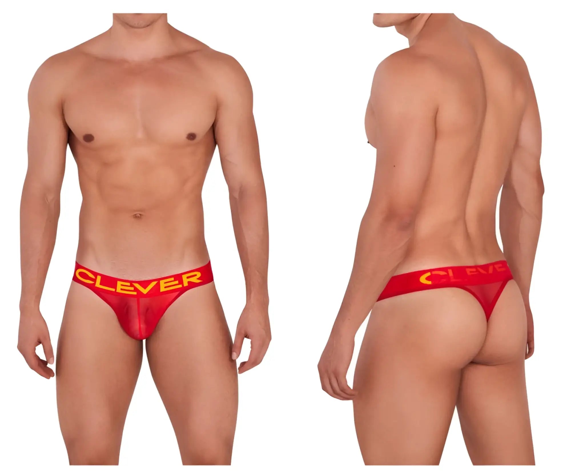 Red transparent thong featuring a bold yellow clever logo band from clever 1411 wind thongs collection