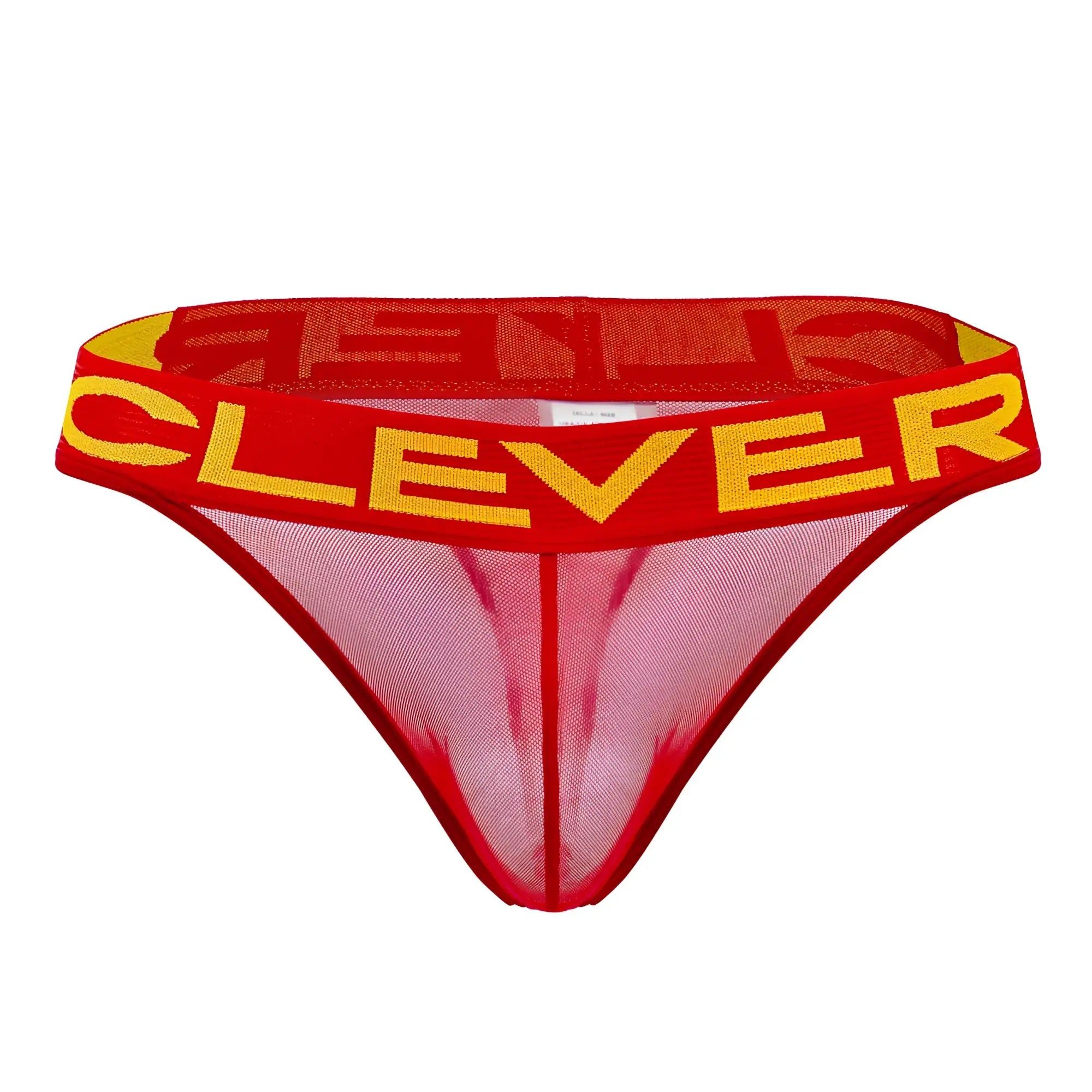 Red and yellow mesh clever 1411 wind thong with branded waistband shown from the back side