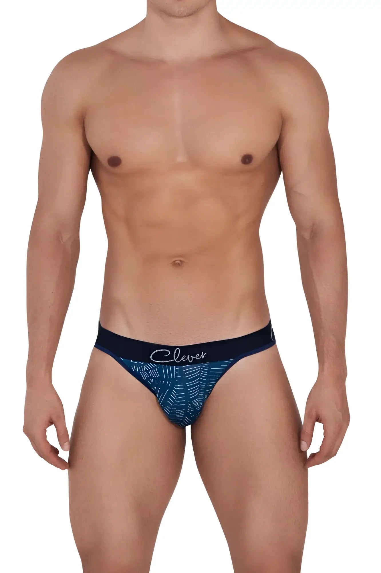 Navy blue and teal patterned clever 1416 lush thongs men’s briefs with black waistband and white clever logo