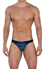 Navy blue and teal patterned clever 1416 lush thongs men’s briefs with black waistband and white clever logo