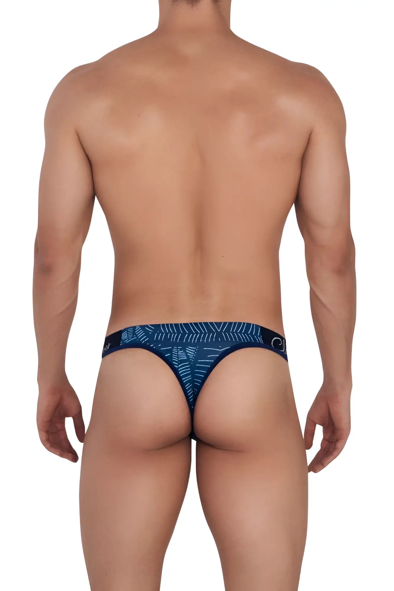 Navy blue clever 1416 lush thong with white geometric pattern and small logo on waistband front view