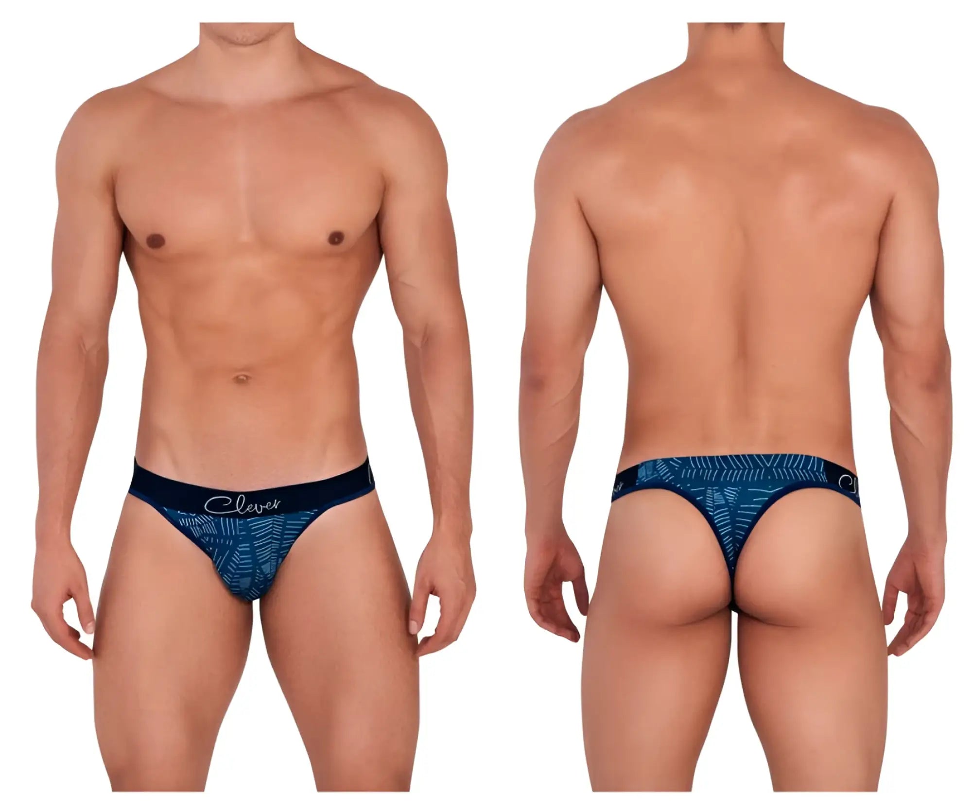 Blue patterned men’s briefs with black waistband featuring clever brand name in lush dark blue color