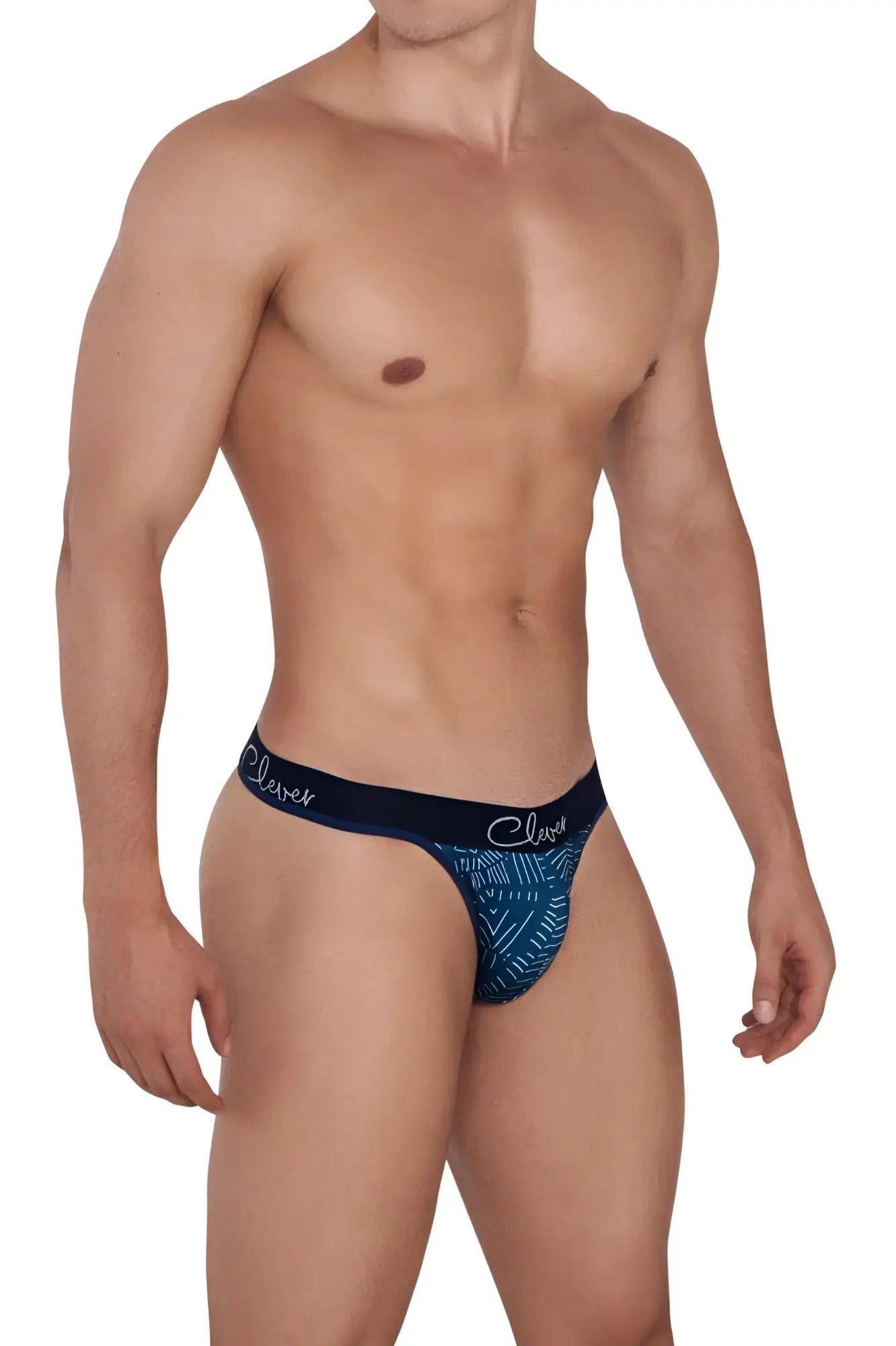 Clever 1416 lush thongs dark blue men’s briefs with blue pattern and dark blue waistband featuring clever brand name