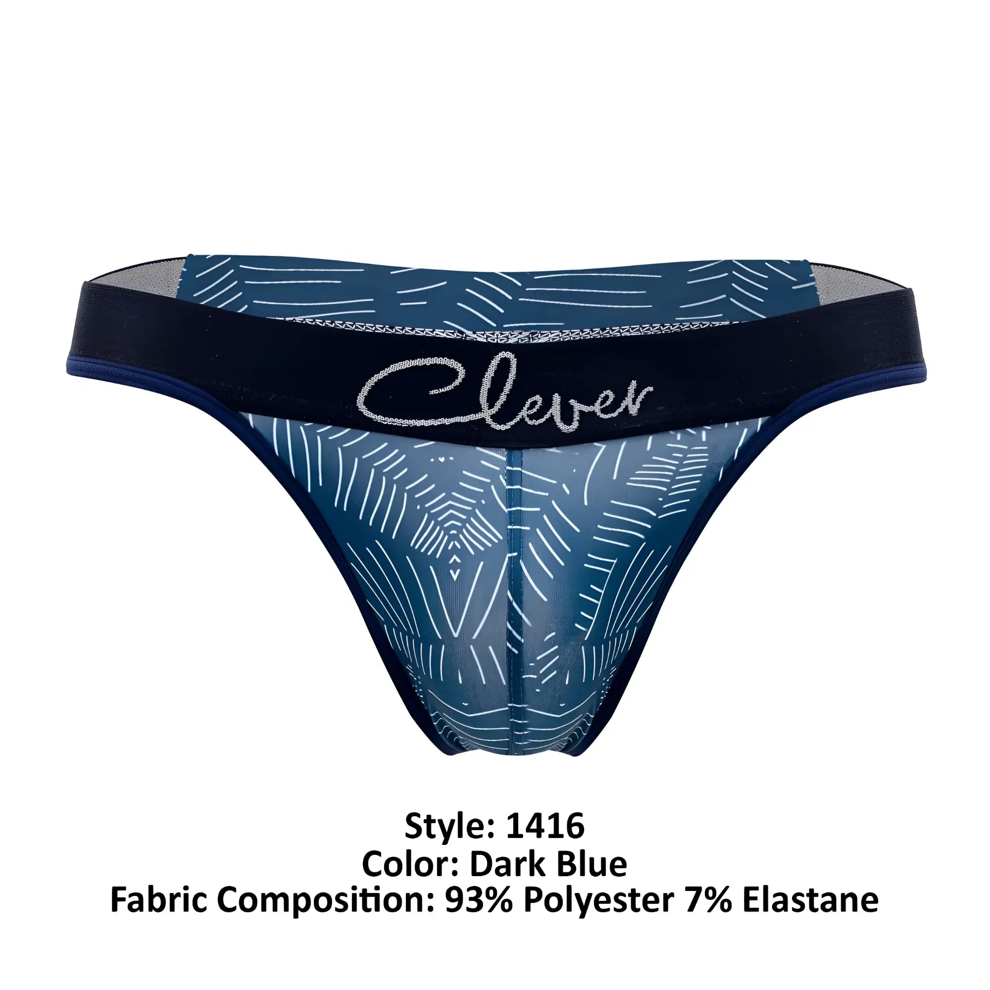 Dark blue clever 1416 lush thong sheer with white geometric pattern and black elastic waistband with silver logo