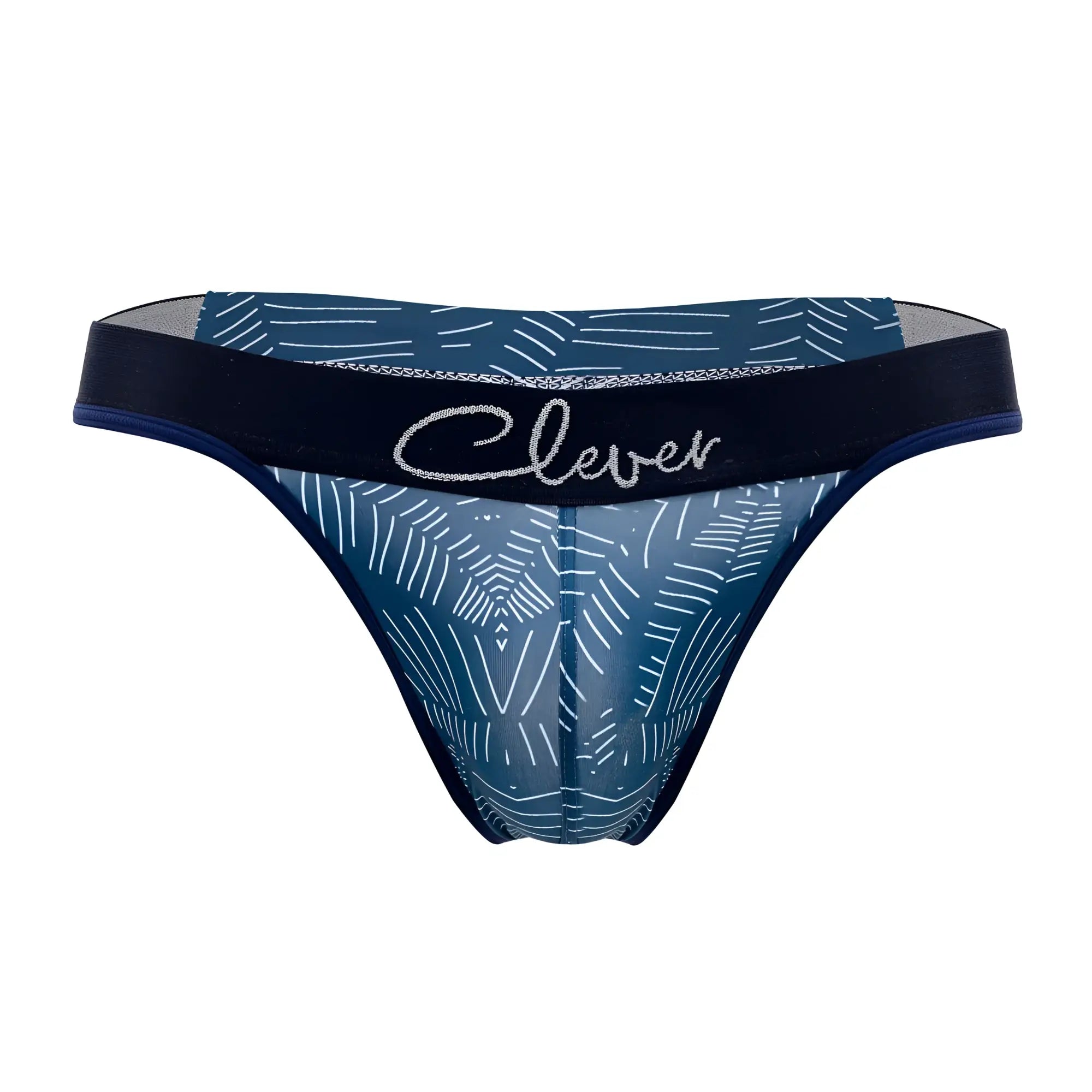 Blue sheer thong with white geometric patterns and black waistband featuring clever in silver script lush thong color dark blue