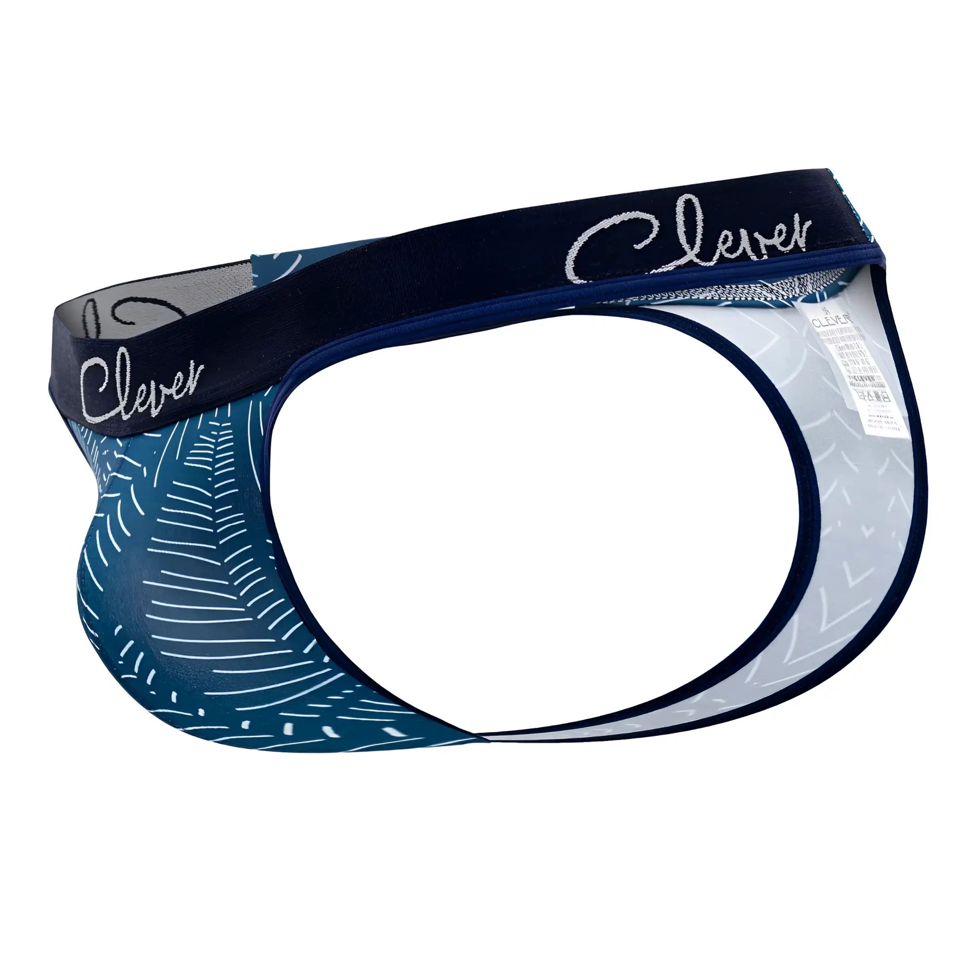 Clever 1416 lush men’s briefs in blue and white pattern with black waistband featuring clever silver script
