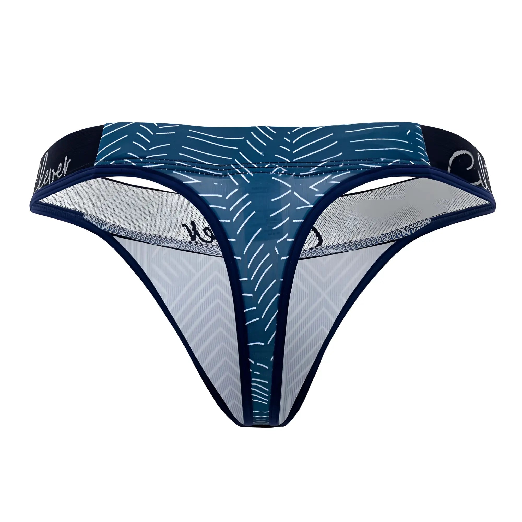 Blue and white patterned clever 1416 lush thong with mesh panels and branded waistband in dark blue shown from back