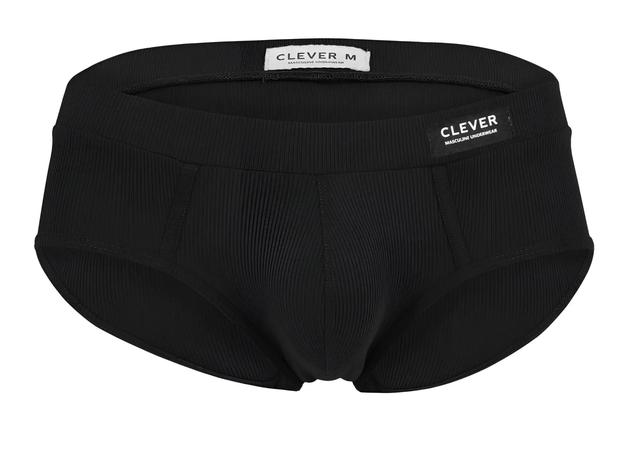 Black ribbed cotton clever 1605 spirit briefs with clever m label on the waistband front view