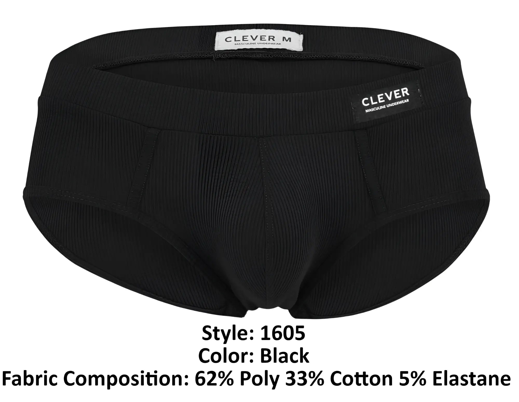Black ribbed men’s briefs by Clever with a sleek form-fitting design and elastic waistband called 1605 Spirit Briefs