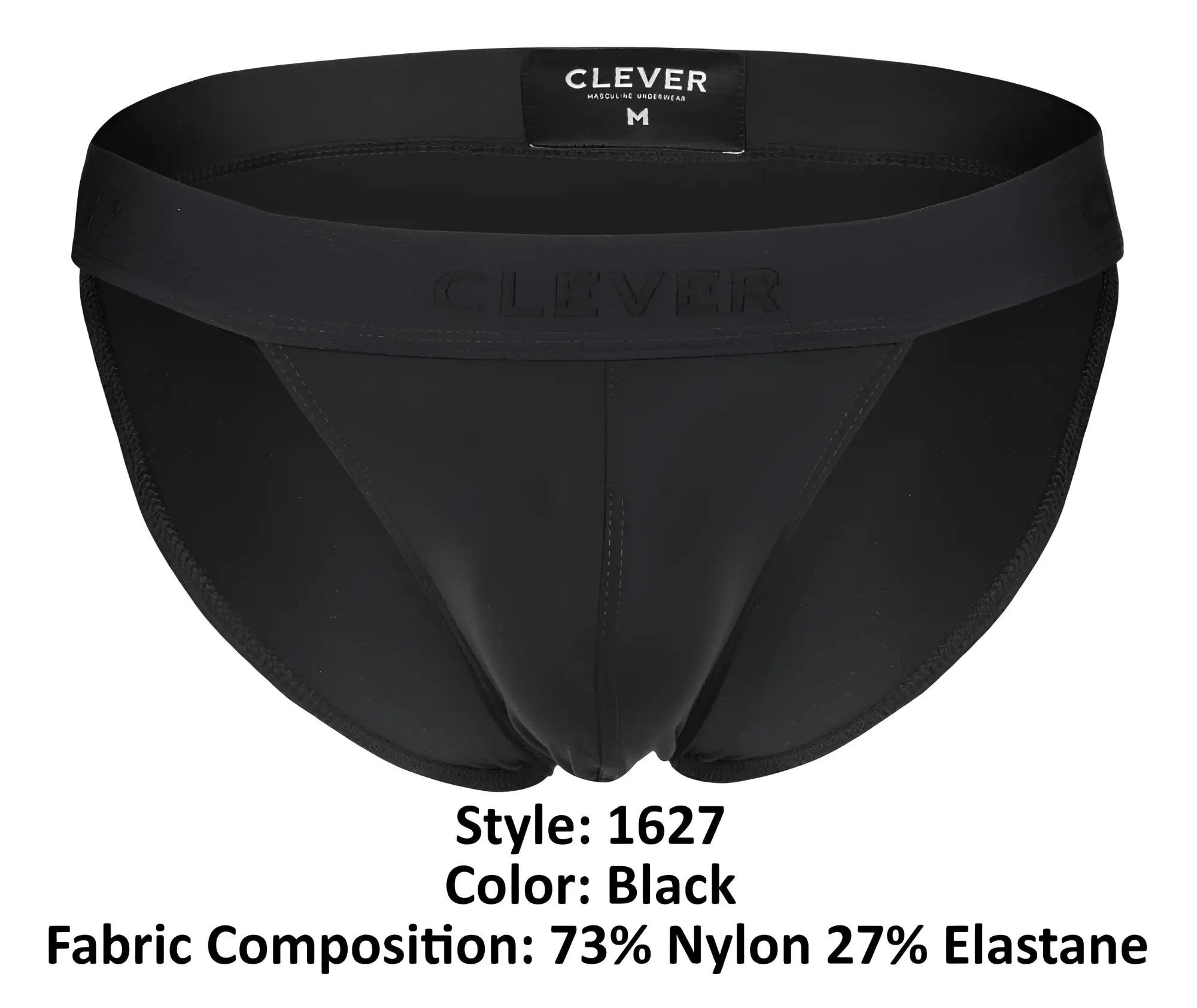Black men’s briefs clever 1627 deseo bikini in black made from 73 percent nylon and 27 percent elastane shown from back side