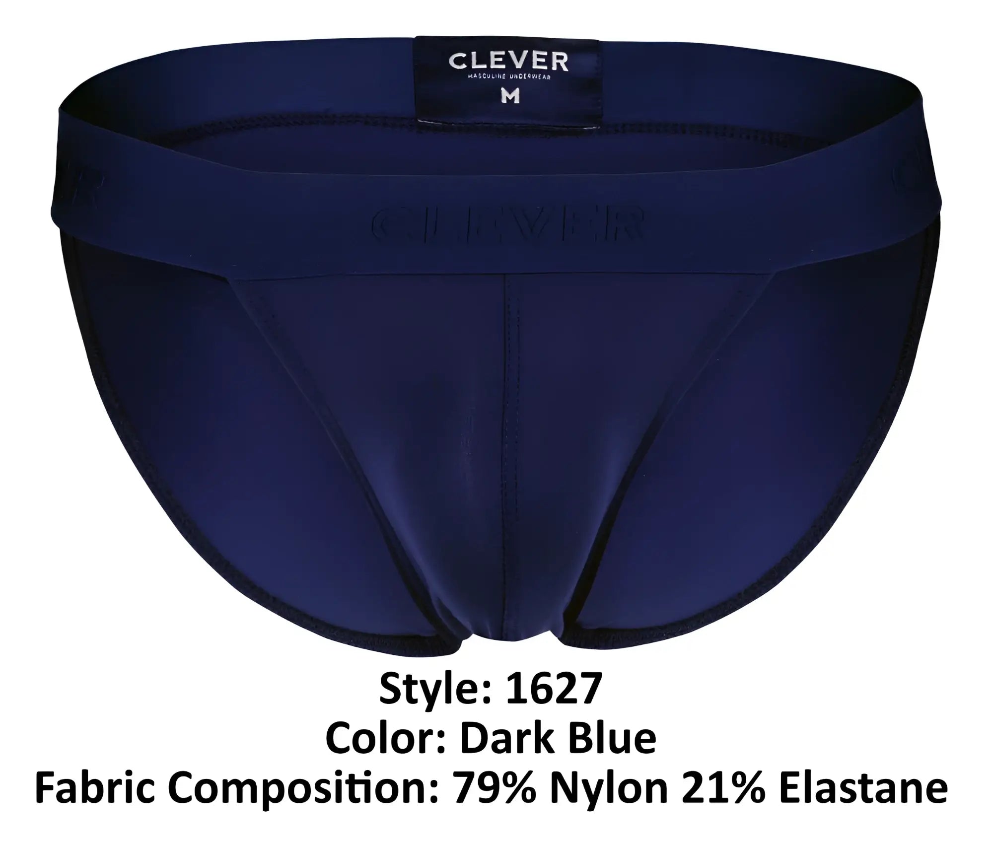 Dark blue clever 1627 deseo bikini briefs made of smooth nylon elastane blend with subtle embossed waistband logo